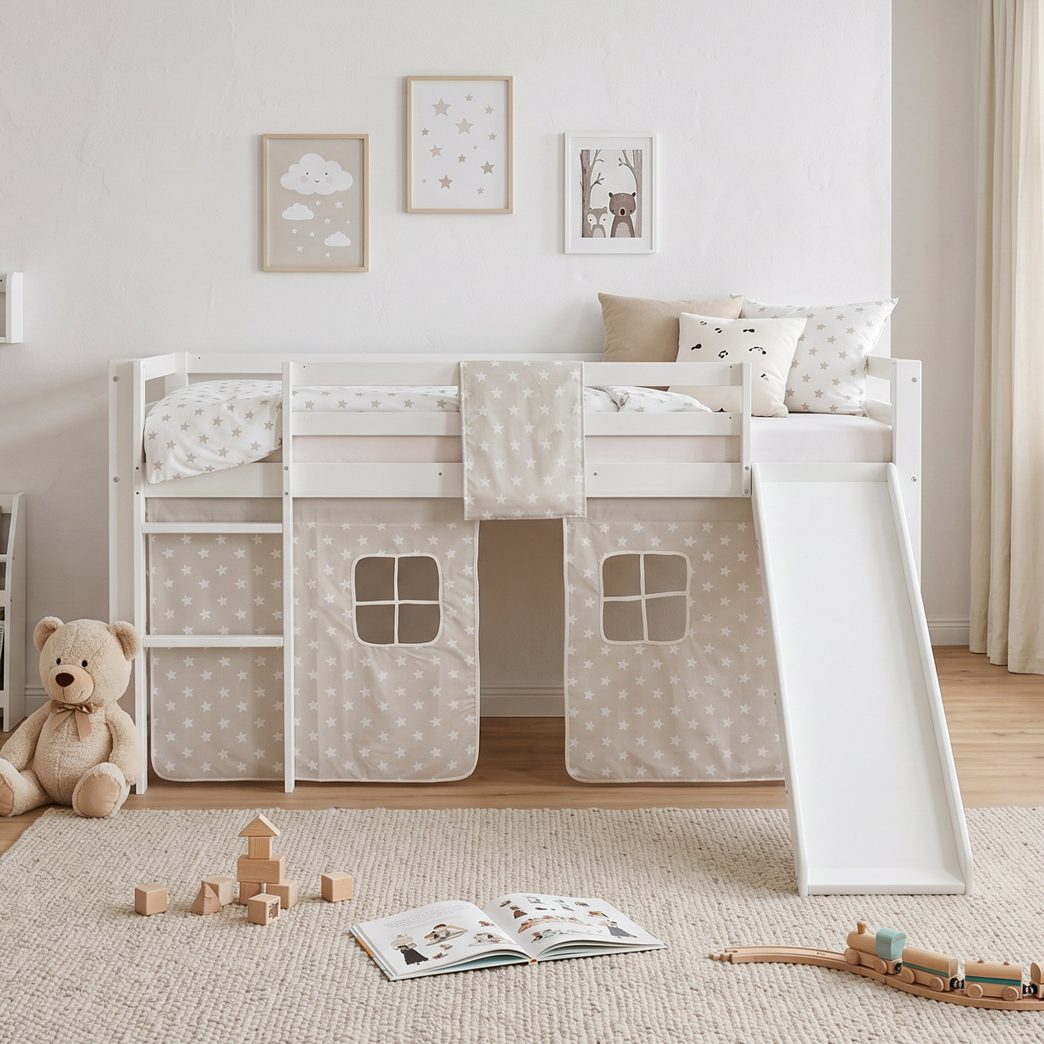 Children's Loft Bed 90x200 cm White with Star Curtain | Slide | With Slatted Base | With Mattress