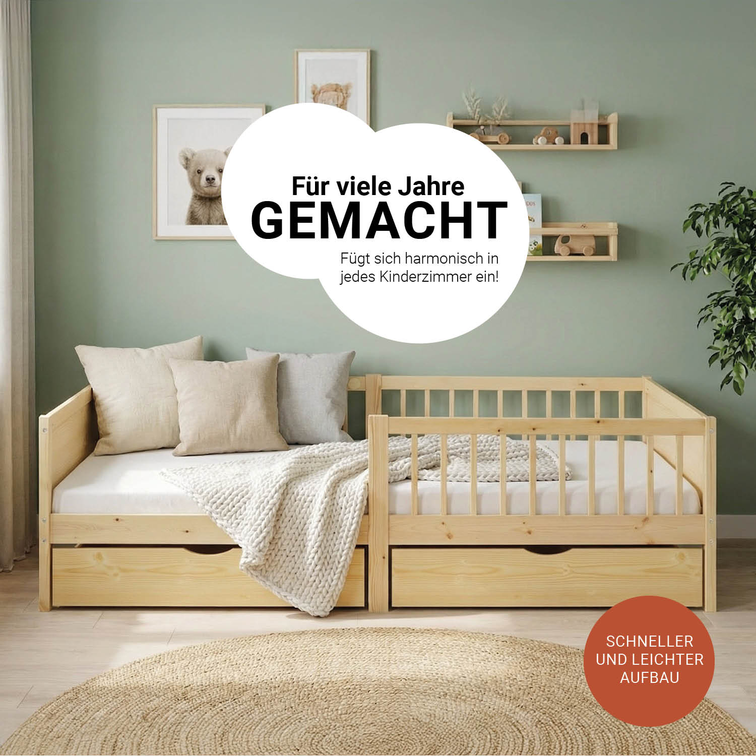 Children's Bed 90x200 cm Natural | Wooden bed with mattress | Single Bed | 2 drawers | Fall Protection