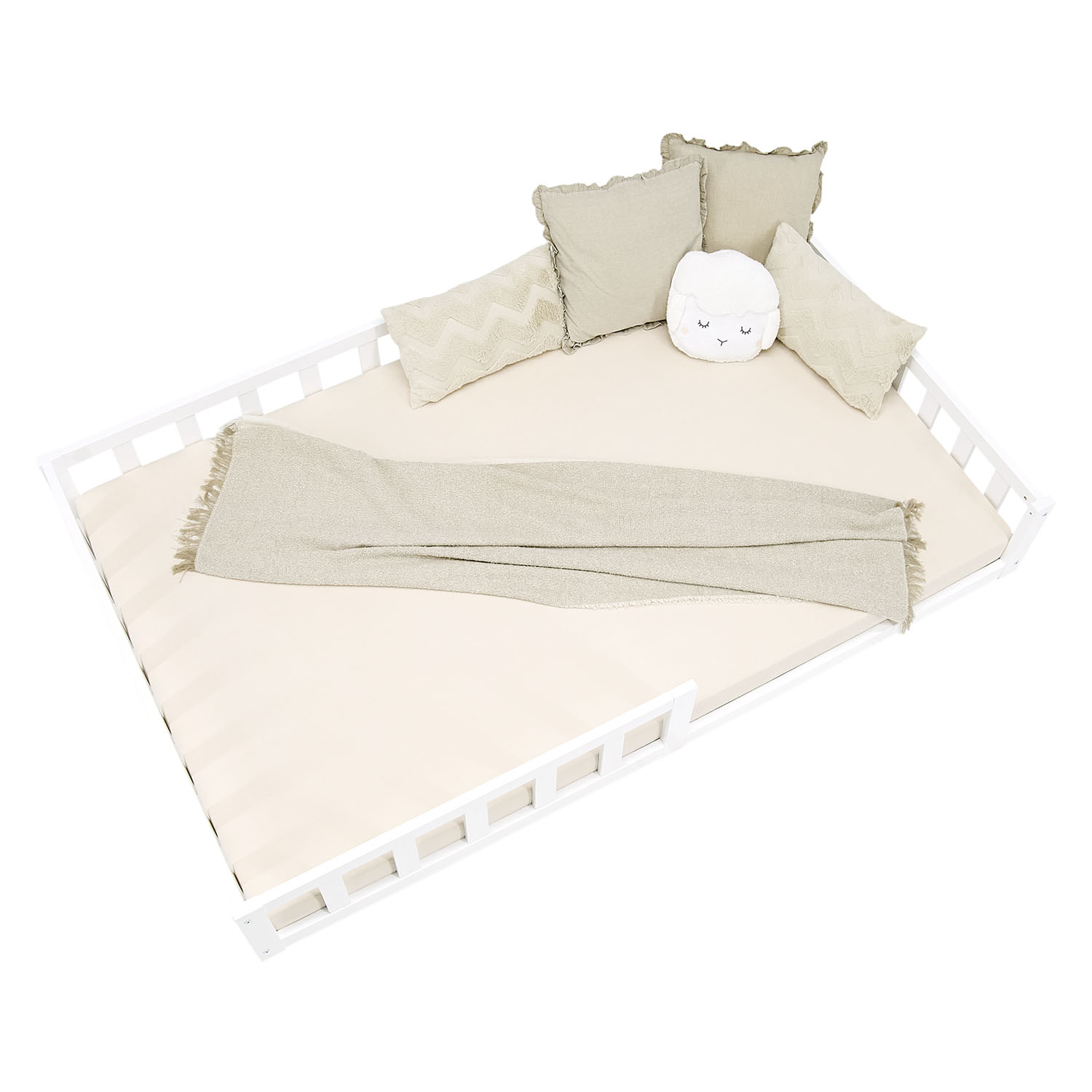 Montessori Crib 120x200 cm White, Includes Mattress & Slatted Base – Floor-Level Crib with Safety Rail Made of Solid Wood