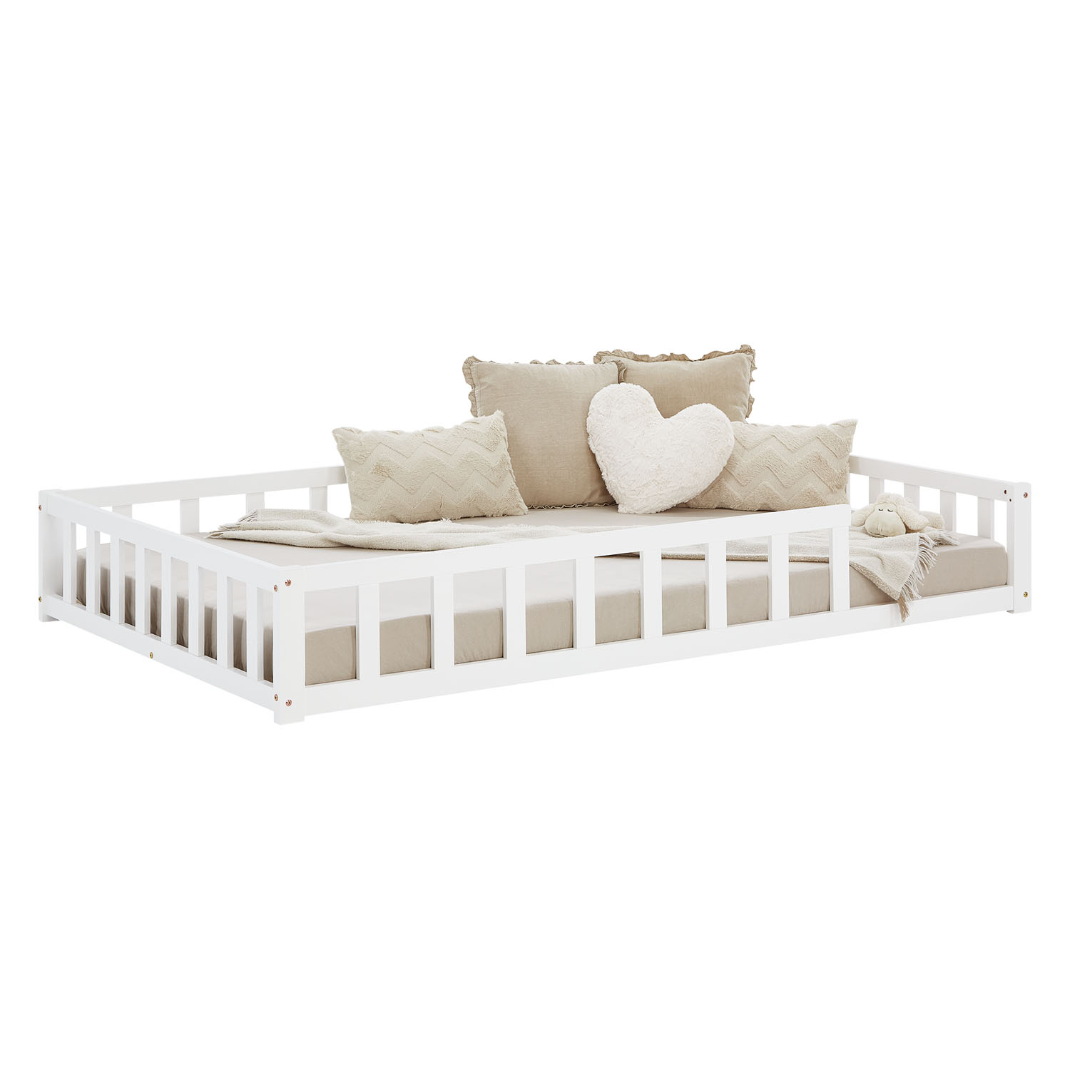 Children's Bed 120x200 White | Floor Bed with Mattress & Slatted Frame | with Fall Protection | Montessori