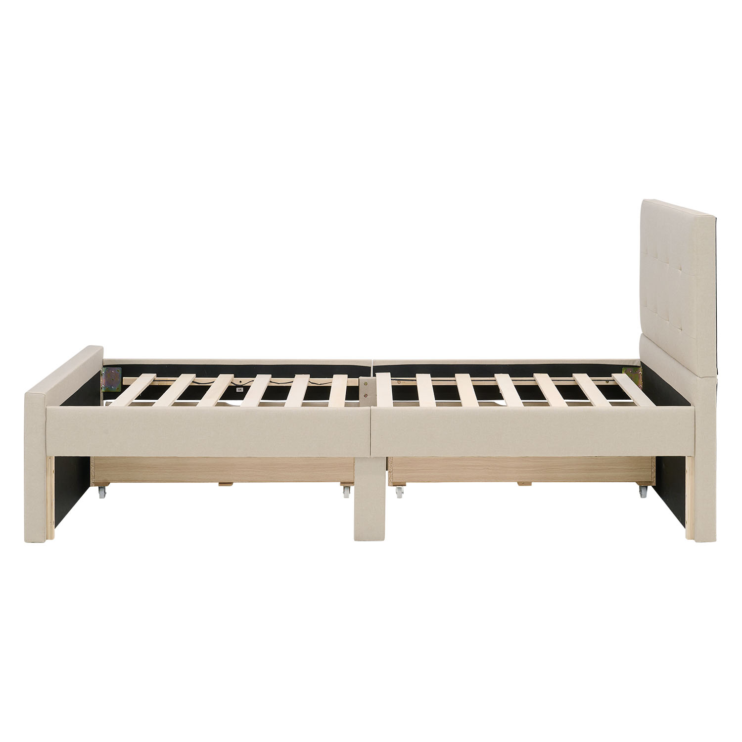 Upholstered bed 90x200 cm beige | with slatted frame | with 2 bed drawers | single fabric bed frame