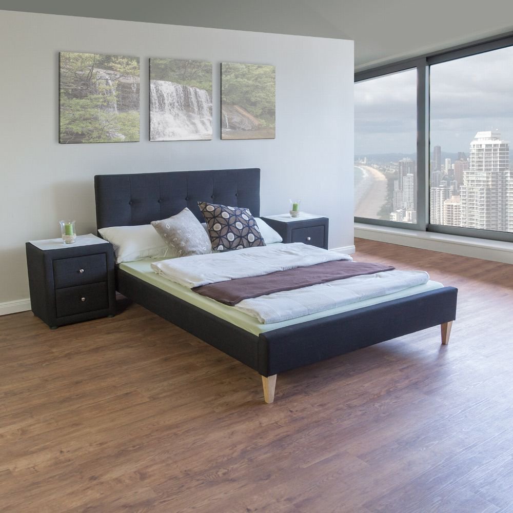 Upholstered bed 140x200 cm black | with slatted frame | double fabric bed frame