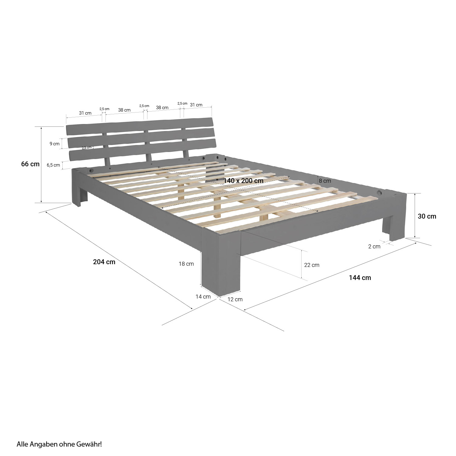 Double Bed with Mattress and Slatted Frame 140x200 Bed Grey Solid Pine Bedstead Wooden Bed Futon Bed