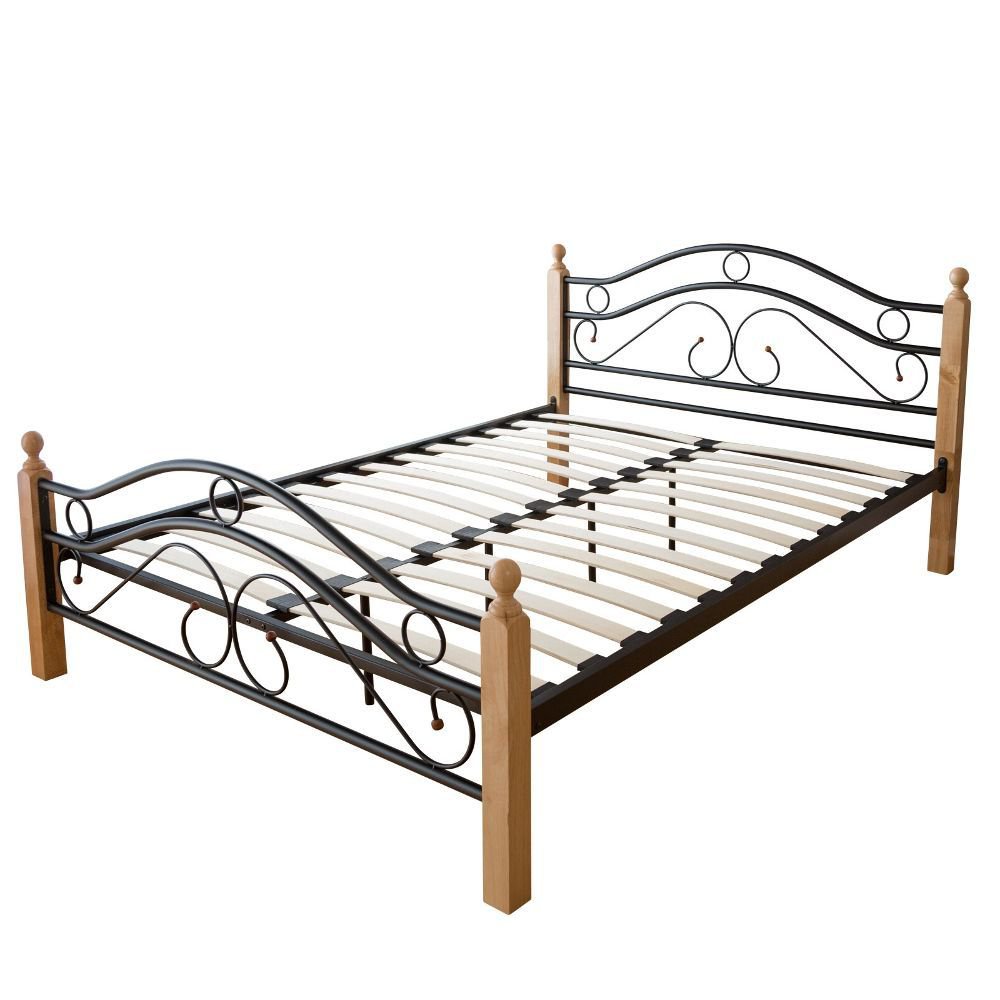 Metal Bed Iron Bed Double 160 x 200 Wood Slatted black natural bed frame 803