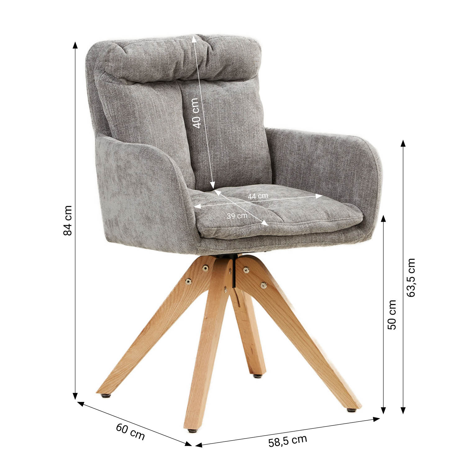 Upholstered Chair Linen Grey with Seat Cushion | Set of 4 | swivel | with Armrests | Kitchen Dining Room Office