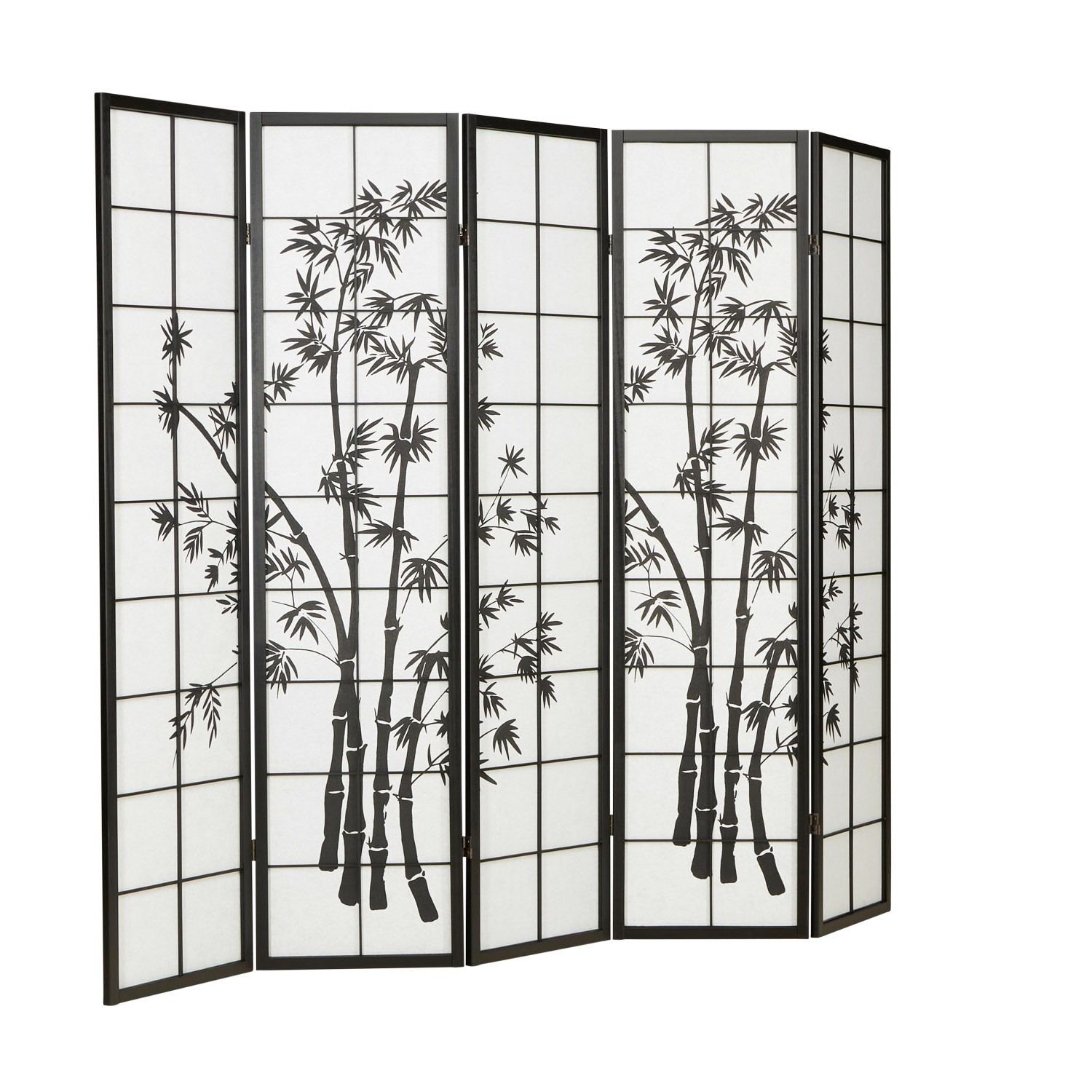 Paravent Black Bamboo Pattern Print | 5-panel | Wood | Room Divider Partition Privacy Screen