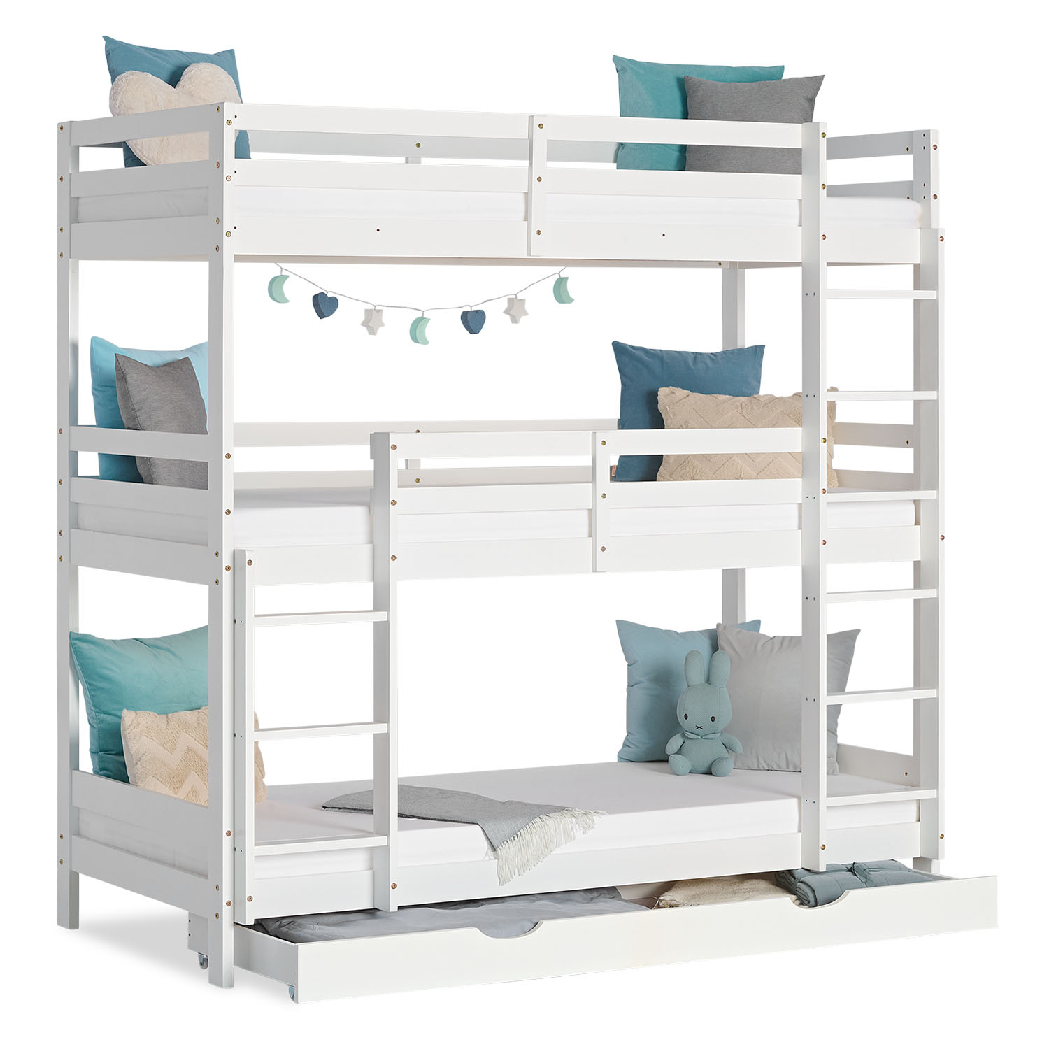 Bunk Bed 3 Levels 90x200 cm White | Ladders White | with Slatted Frame | with Bed Drawer