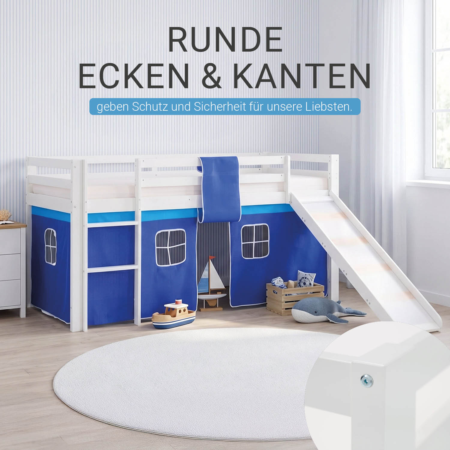 Children's Loft Bed 90x200 cm, White with Blue Curtain | Slide | Includes Slatted Base