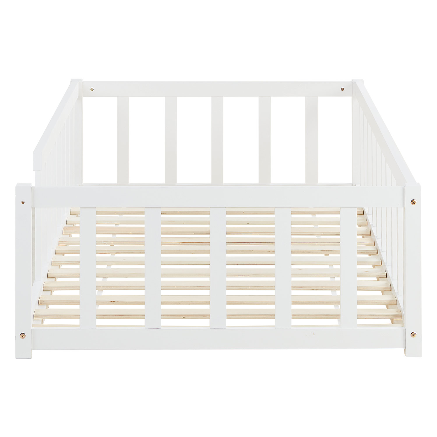 Kinderbett 90x200 Bodenbett mit Rausfallschutz Montessori Bett Kleinkindbett Holz Massiv Weiß Einzelbett Lattenrost Bettgestell 