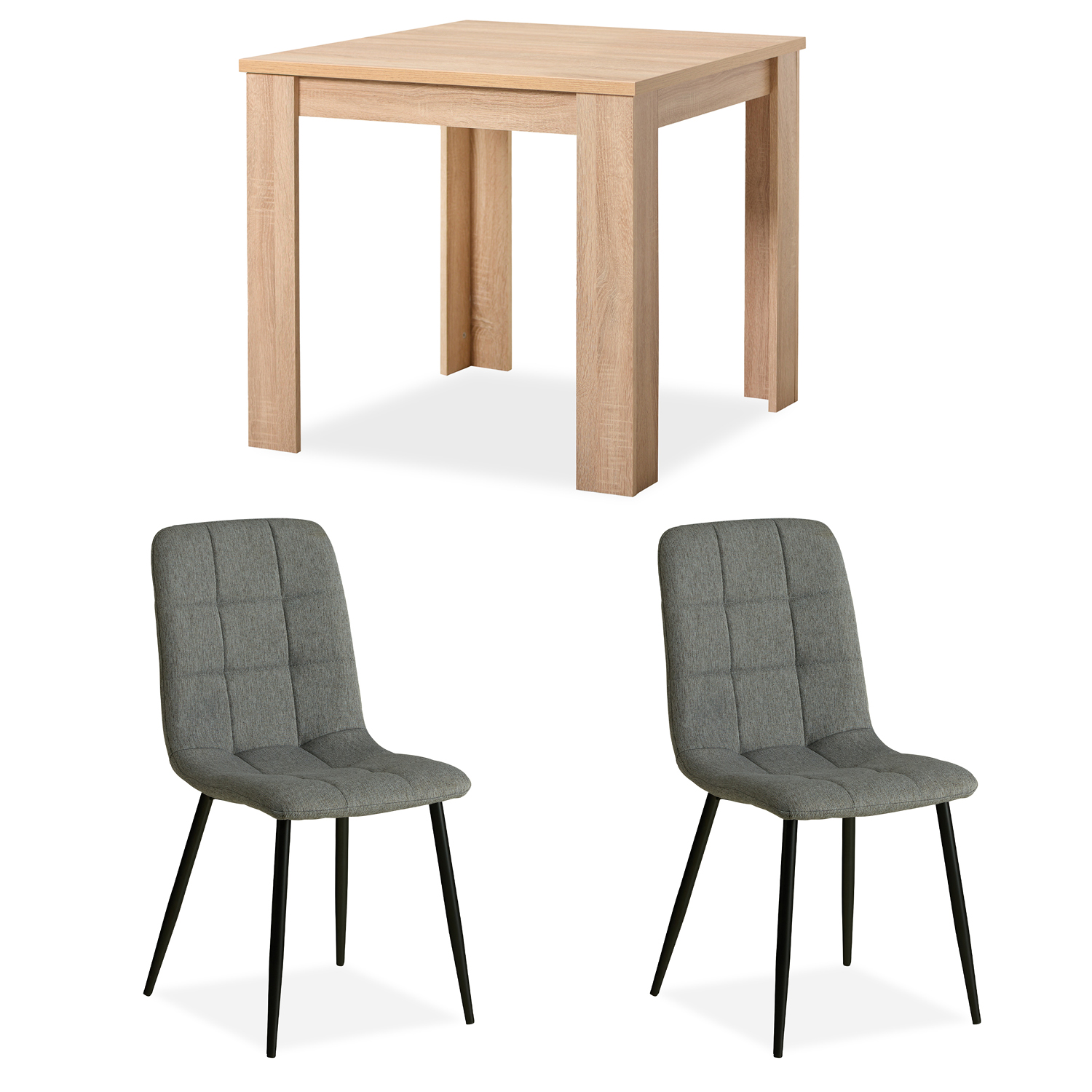 Modern Dining Table Sonoma Oak 80x80 cm with 2 Grey Linen Chairs Dining Room Table Natural Wooden Table