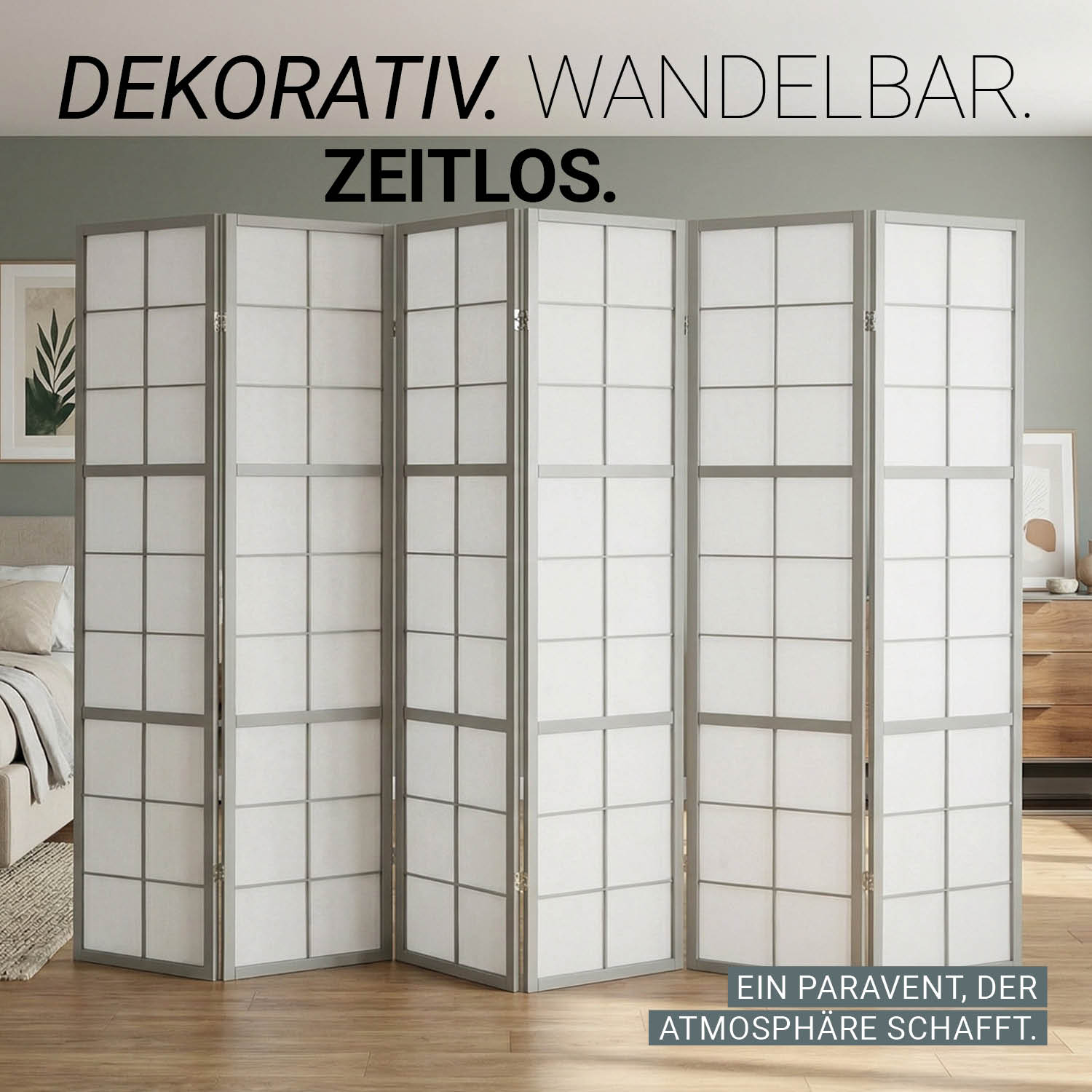 Paravent Grey Shoji | 6-panel | Wood | Room Divider | Partition Privacy Screen