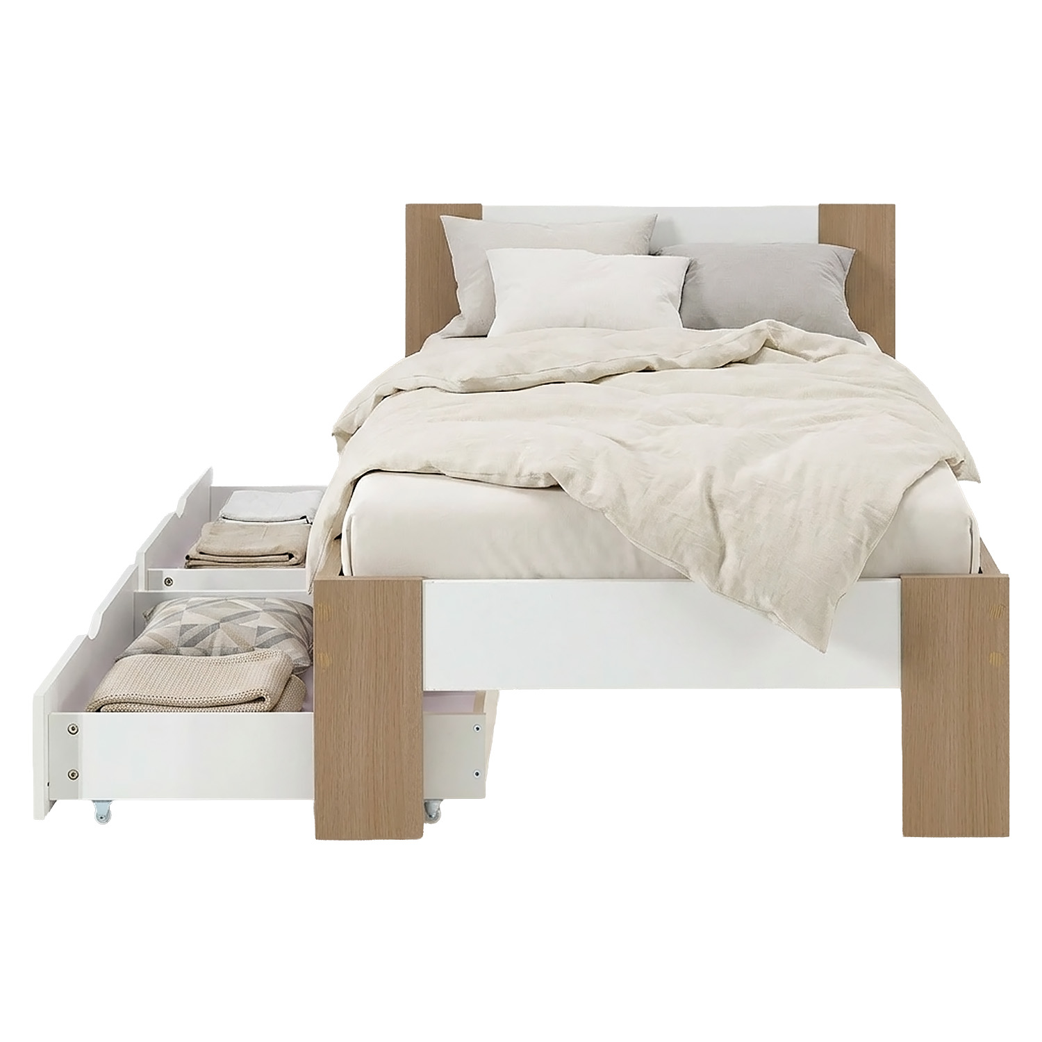 Holzbett 90x200 mit 2 Bettkästen Bett Eiche Braun Weiß Holzbett Bettgestell Jugendbett Einzelbett Matratze Lattenrost
