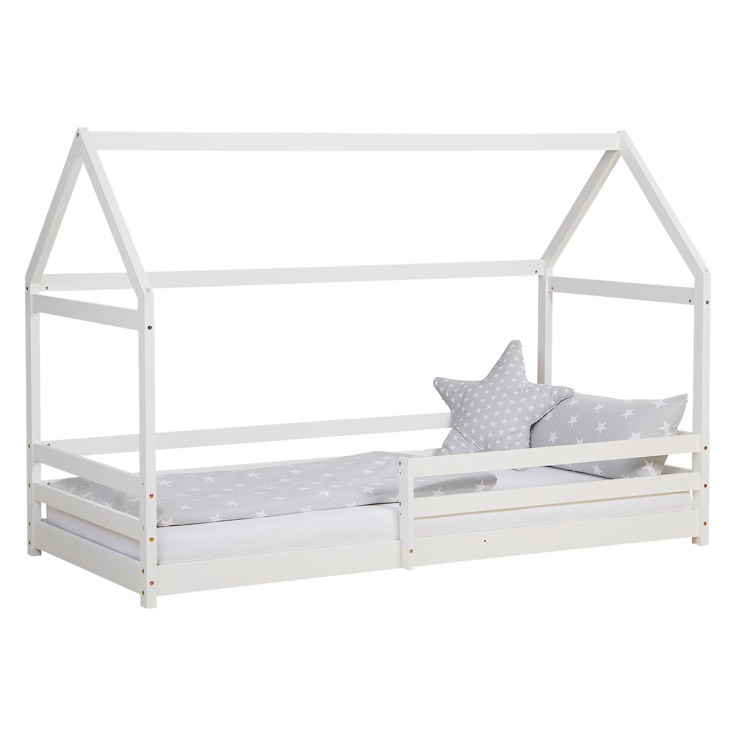 Children's Bed 90x200 cm White | House Bed with Fall Protection | Montessori | Single Bed | with Slatted Frame | Wood