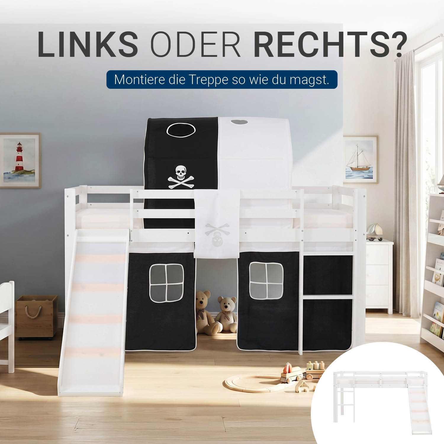 Children's Loft Bed 90x200 cm White with Black Curtain | Tunnel | Slide | Without Slatted Base | Pirate | Boys