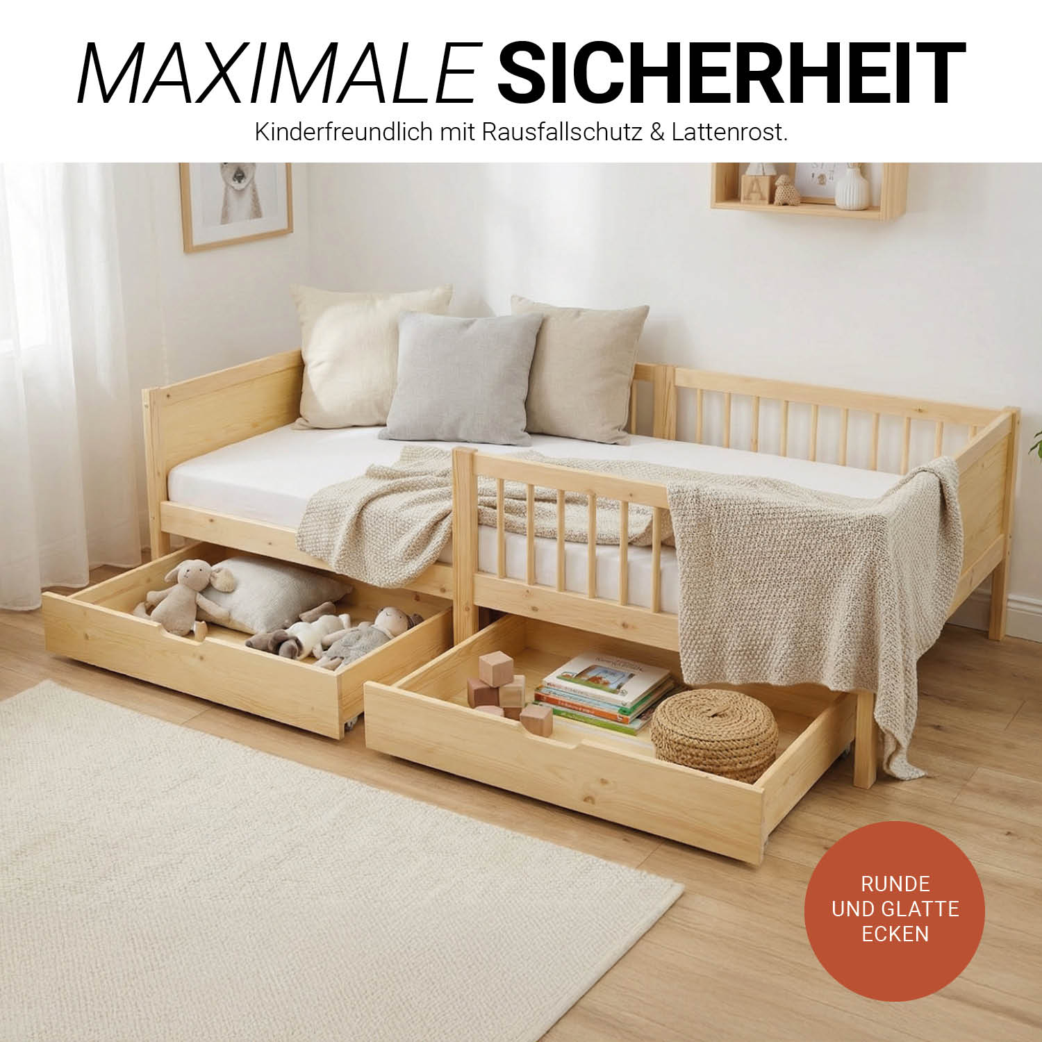 Children's Bed 90x200 cm Natural | Wooden bed with mattress | Single Bed | 2 drawers | Fall Protection