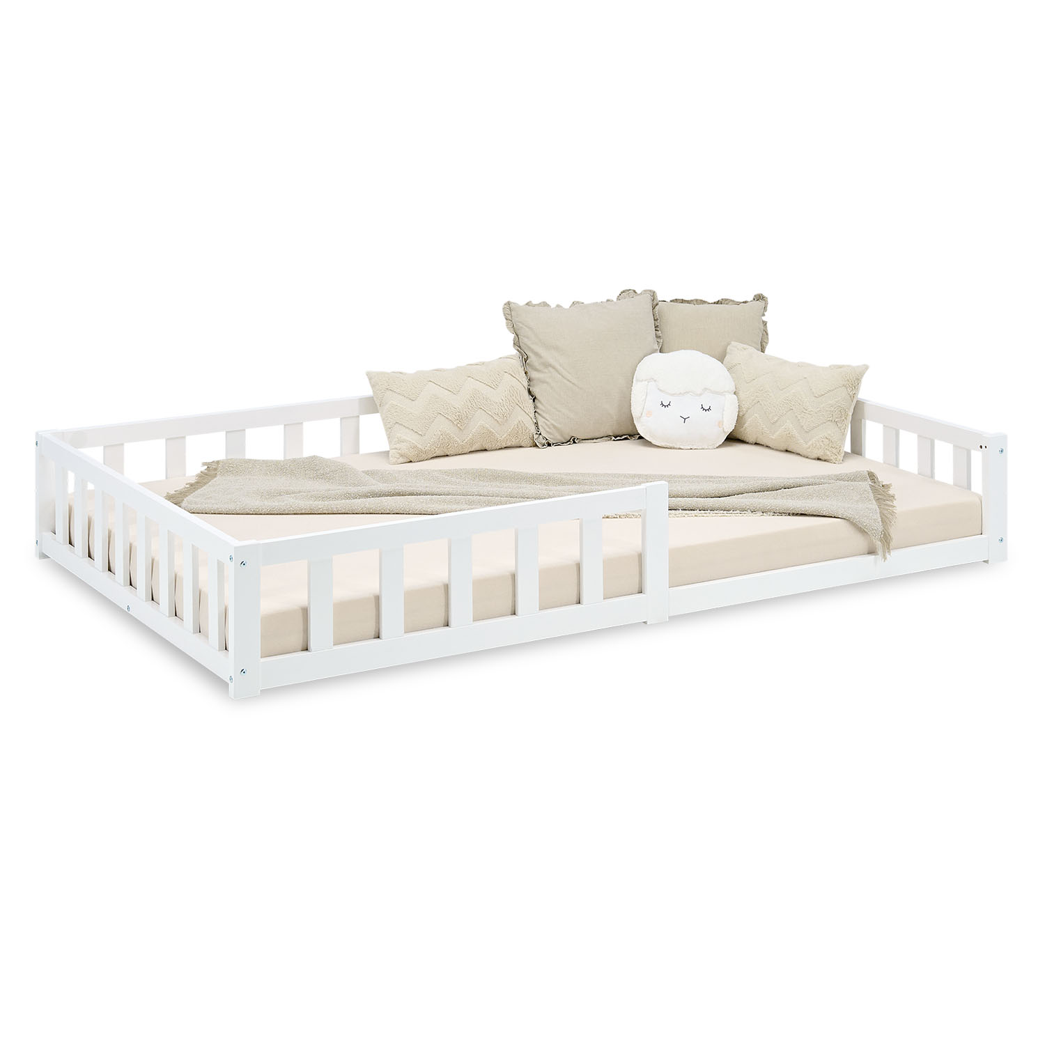 Montessori Crib 120x200 cm White, Includes Mattress & Slatted Base – Floor-Level Crib with Safety Rail Made of Solid Wood