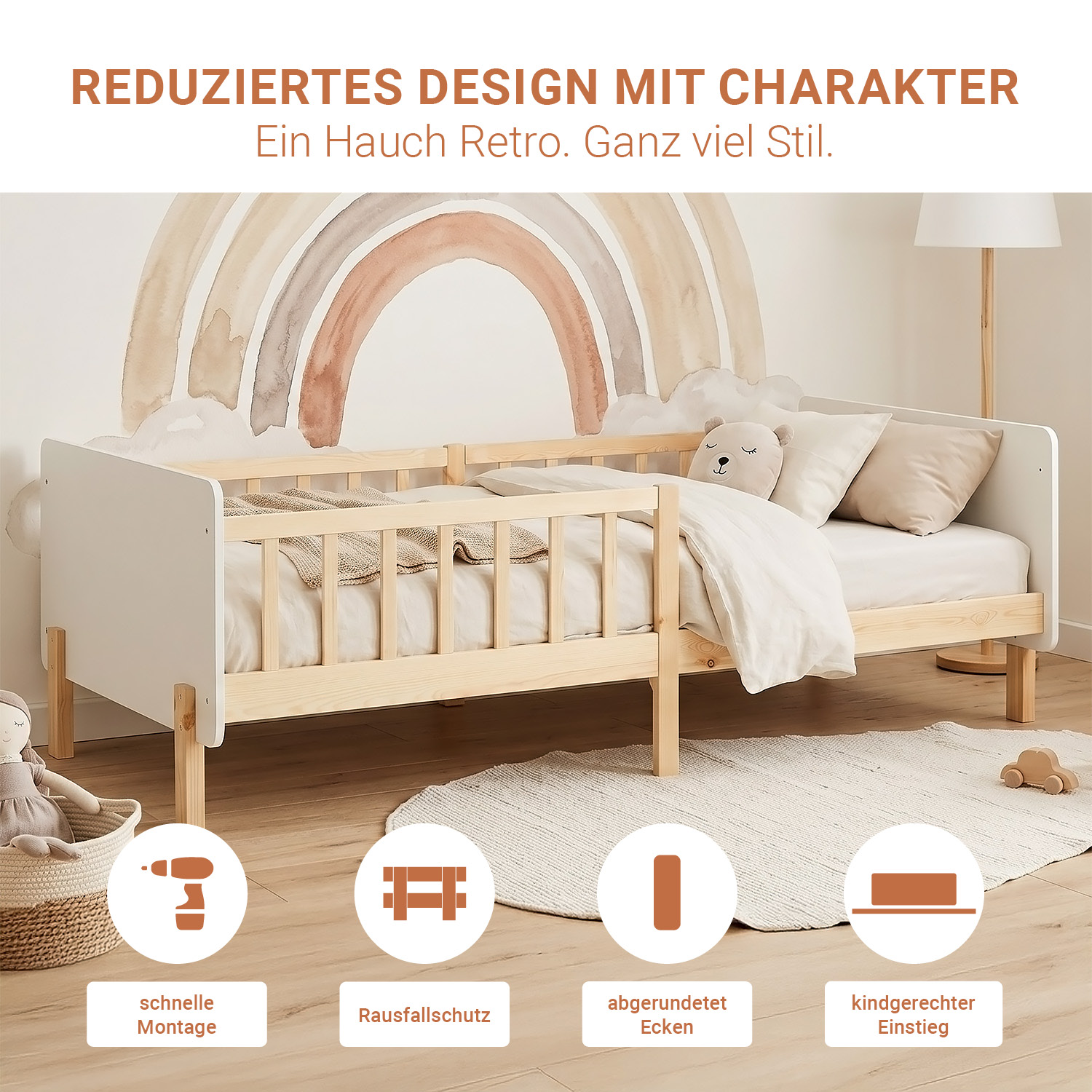 Single bed 90x200 cm White with Mattress Wooden Bed frame Toddler bed with safety rail Kids bed Childrens bed Slatted frame
