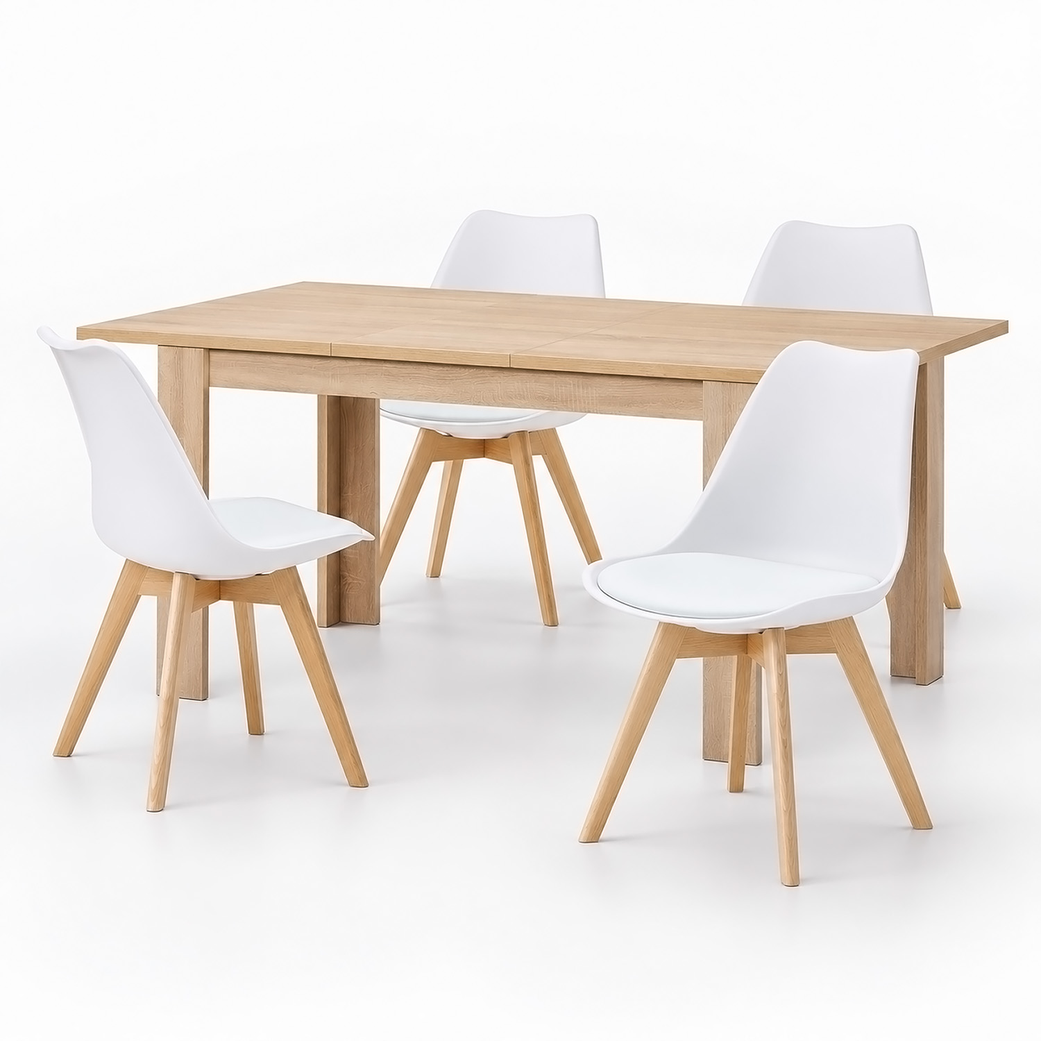 Dining Set (5-Piece): 120x80 cm oak extendable dining table with 4 white plastic chairs and wooden legs