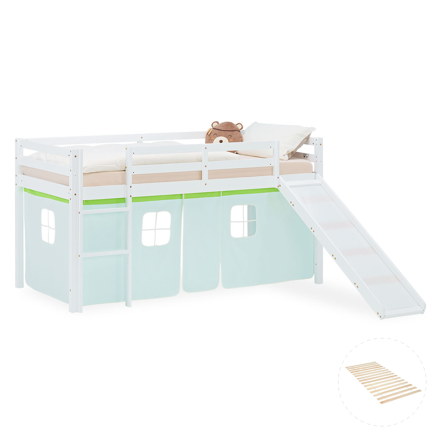 Loft Bed for Kids 90x200 cm White with Curtain in Green | Slide | with Slatted Frame