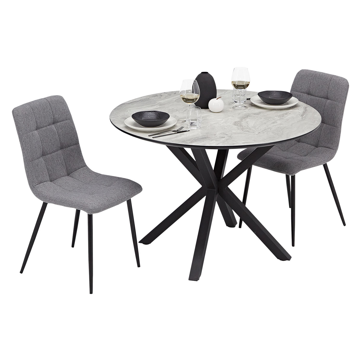 Esstisch mit 2 oder 4 Stühlen Set Essgruppe Polsterstühle Samt Leinen Grau Esszimmertisch Rund Ø 110 cm Modern