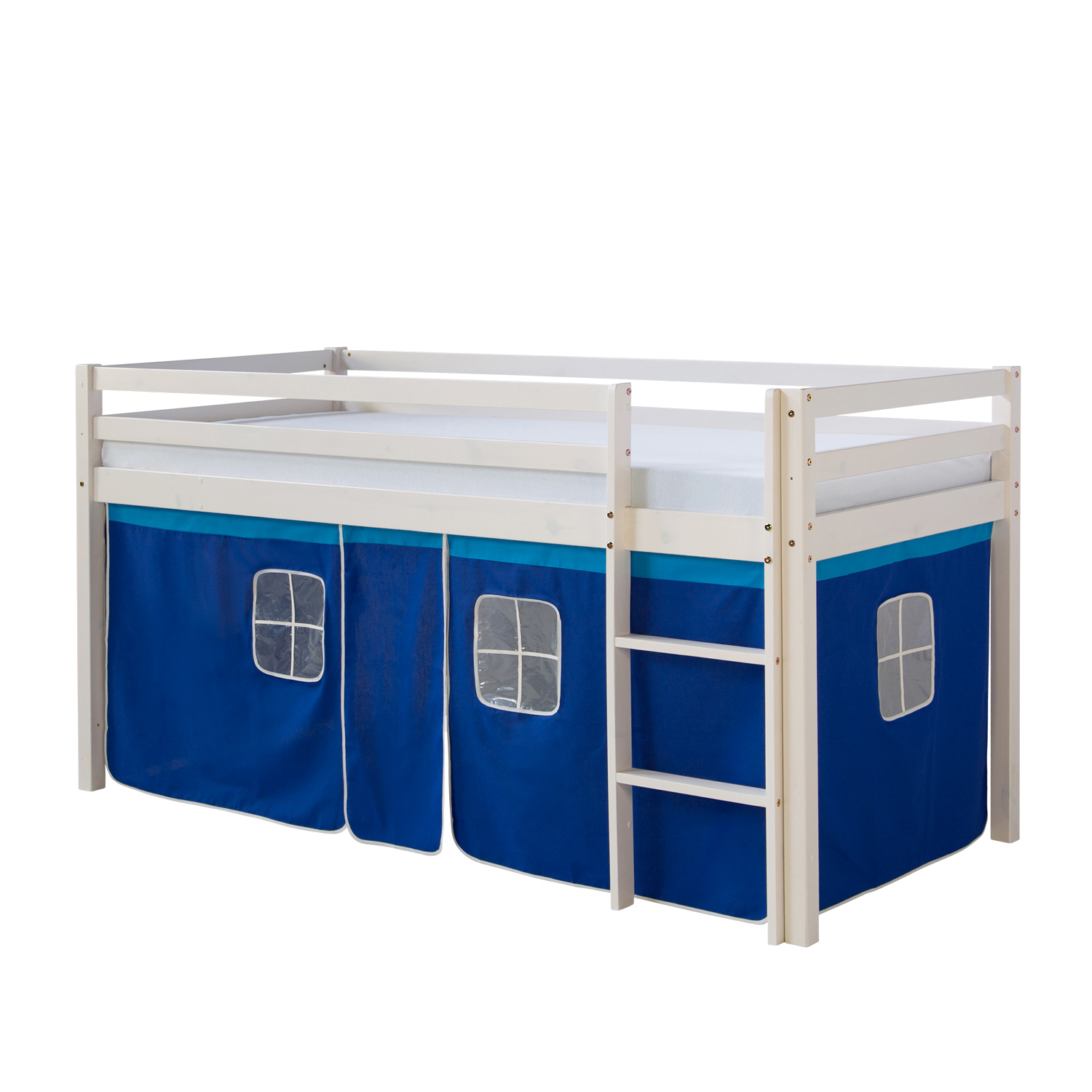 Loftbed 90x200 cm Bunk bed Childrens bed Solid Pine Wood Tower Tunnel Curtain Blue Slide Mattress Slats