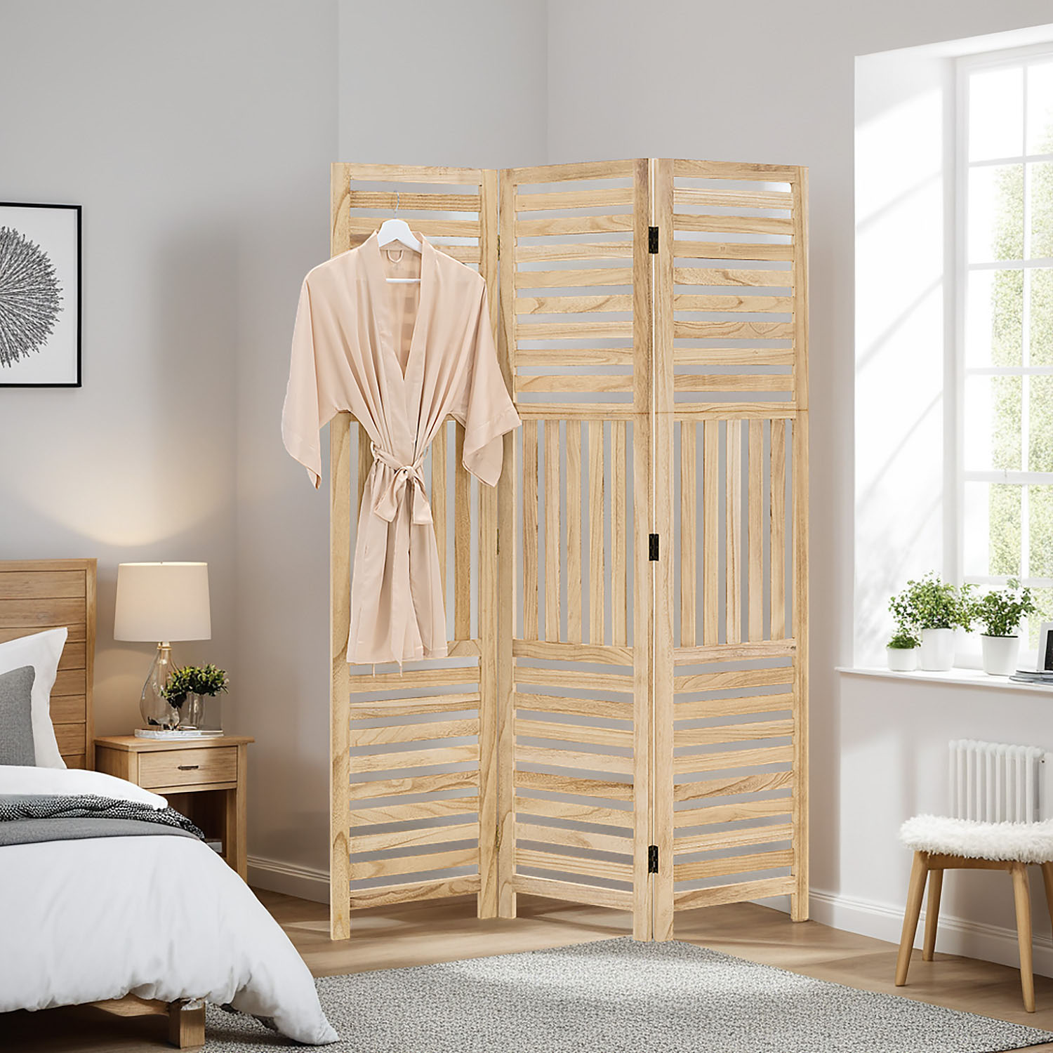 Paravent Natural Wooden Slats | 3-panel | Wood | Room Divider Partition Privacy Screen