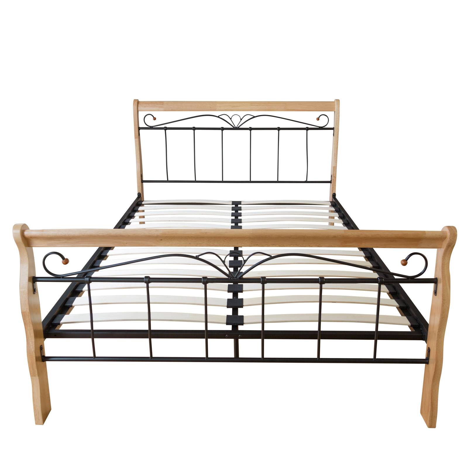 Design Iron Bed Double 160 x 200Wood Slatted black natural bed frame 1008