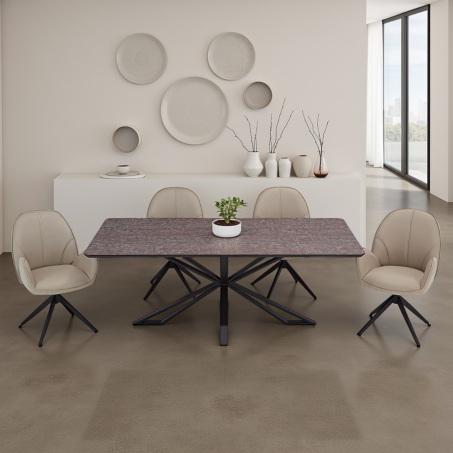 Dining set | 4-piece set upholstered chairs beige bouclé Leder with armrest | swivel | dining table brown metal frame 200 x 100 cm