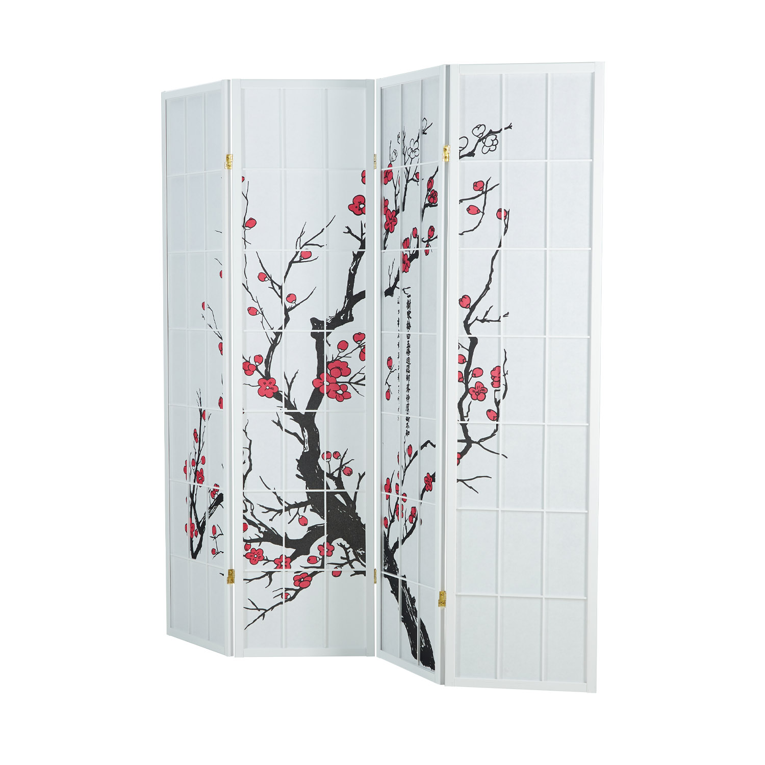 White Cherry-Patterned Screen | White Rice Paper | 4-Panel | Wood | Room Divider, Partition, Privacy Screen