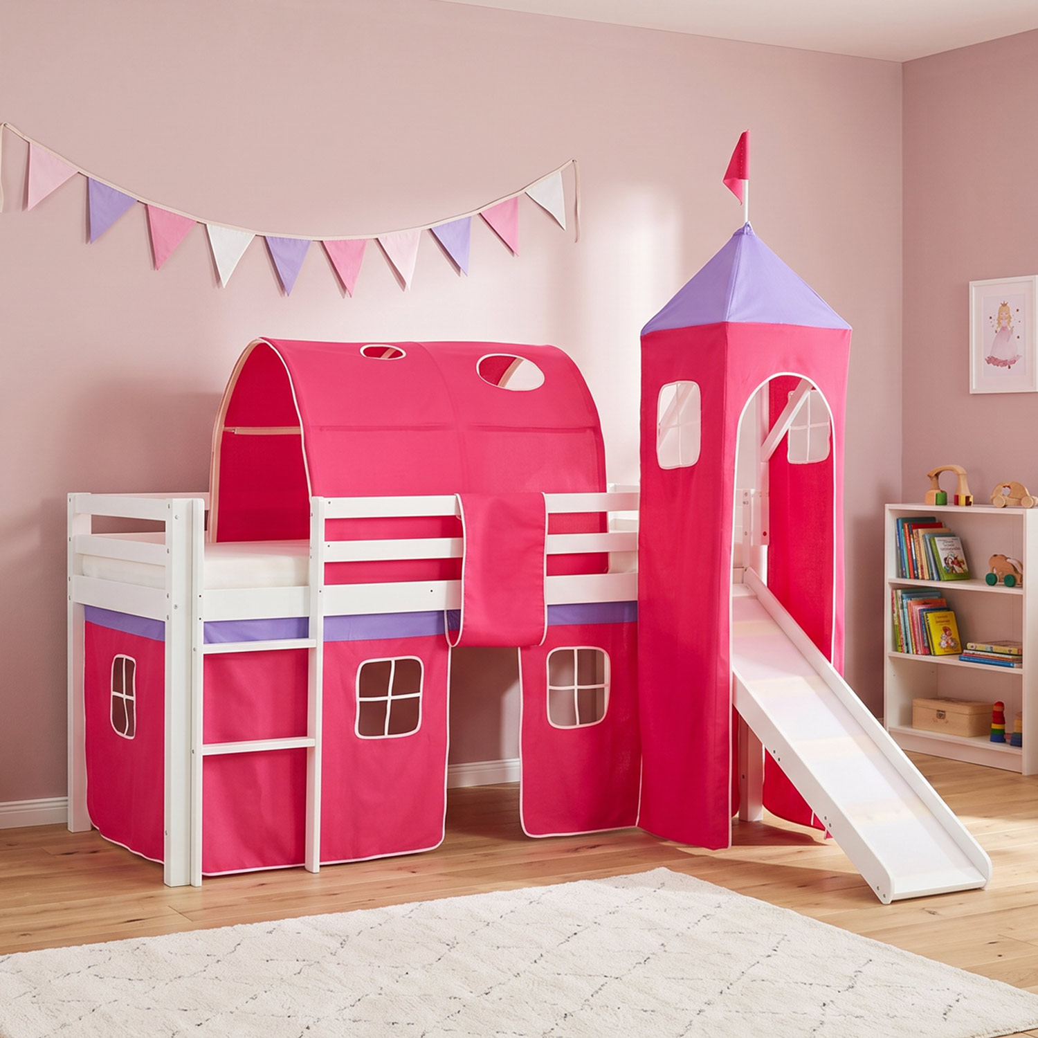 Children's Loft Bed 90x200 cm, White, with Slide, Tower, Tunnel, and Curtain in Pink
