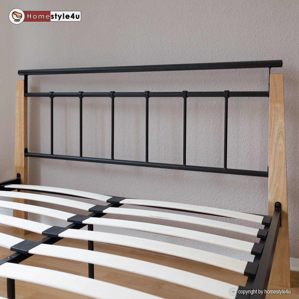 Metal Bed Iron Bed Double 180 x 200 Wood Slatted black natural bed frame 5072