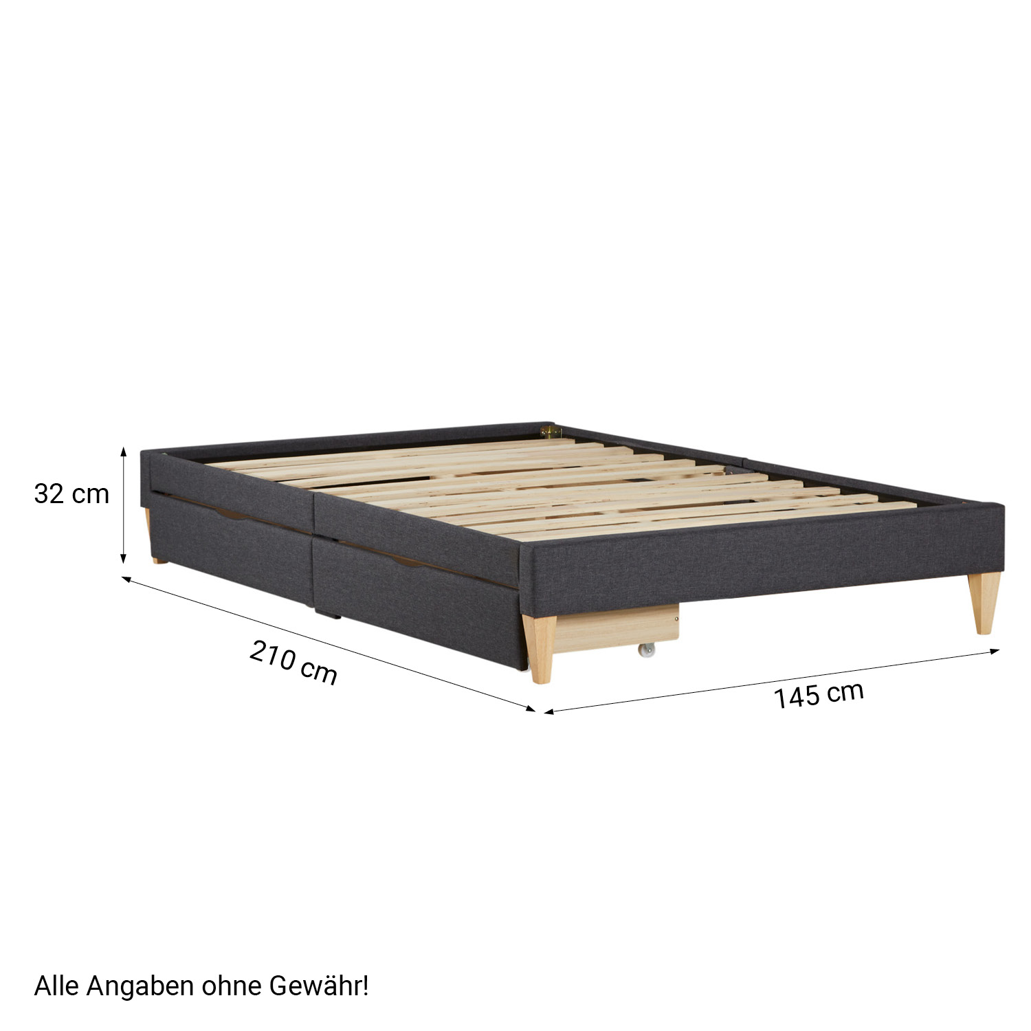 Upholstered Bed 140x200 cm with 2 Drawers Slatts Grey Fabric Bed Double Bed Futon Bed Frame Platform Bed
