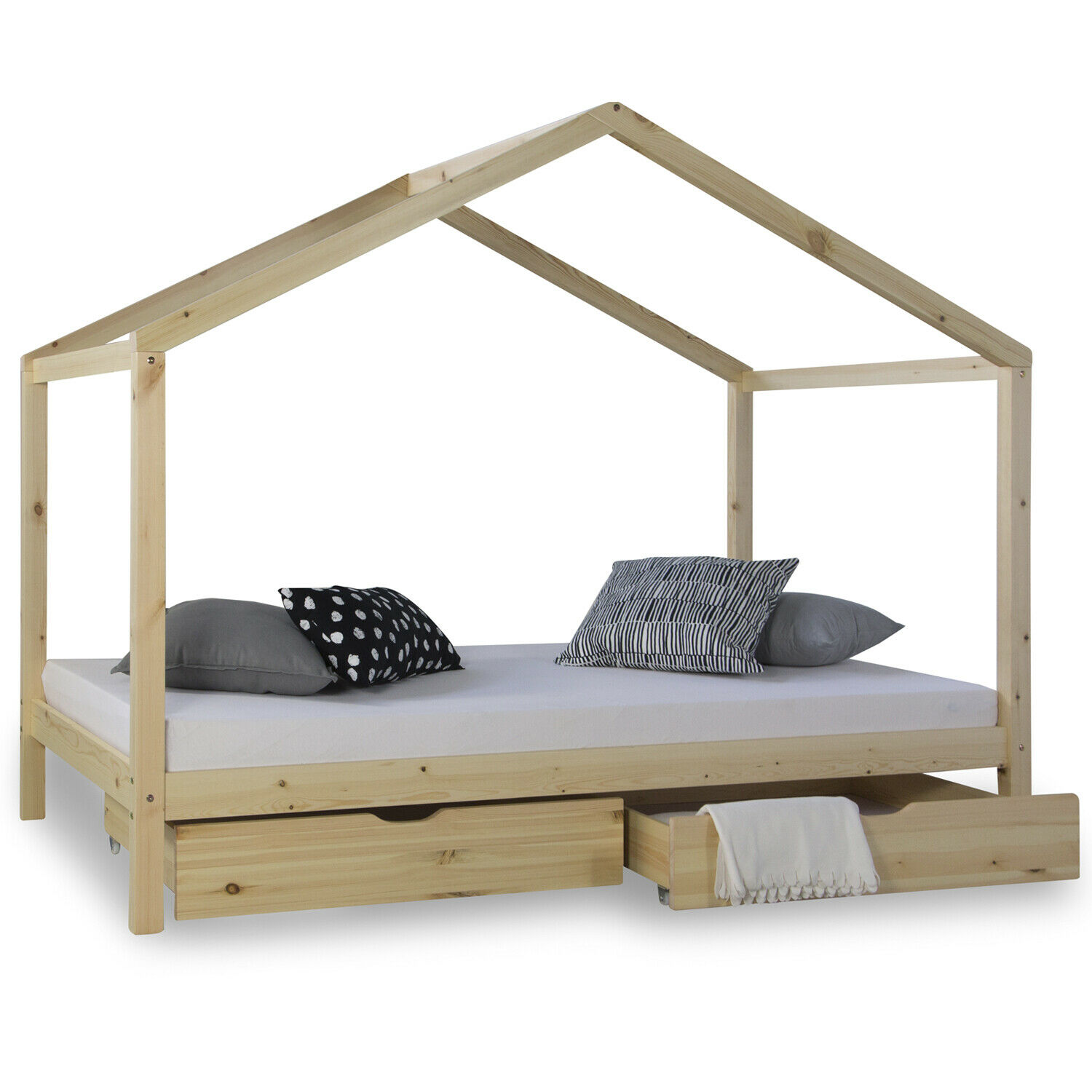 Children's Bed 90x200 cm Natural | House Bed with Drawers | Single Bed | with Slatted Frame | Wood Children's Bed 90x200 cm Natural | House Bed with Drawers | Single Bed | with Slatted Frame | Wood