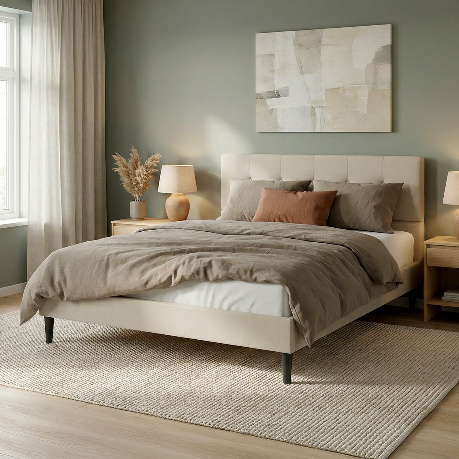 Upholstered bed 140x200 cm beige | with slatted frame | double fabric bed frame