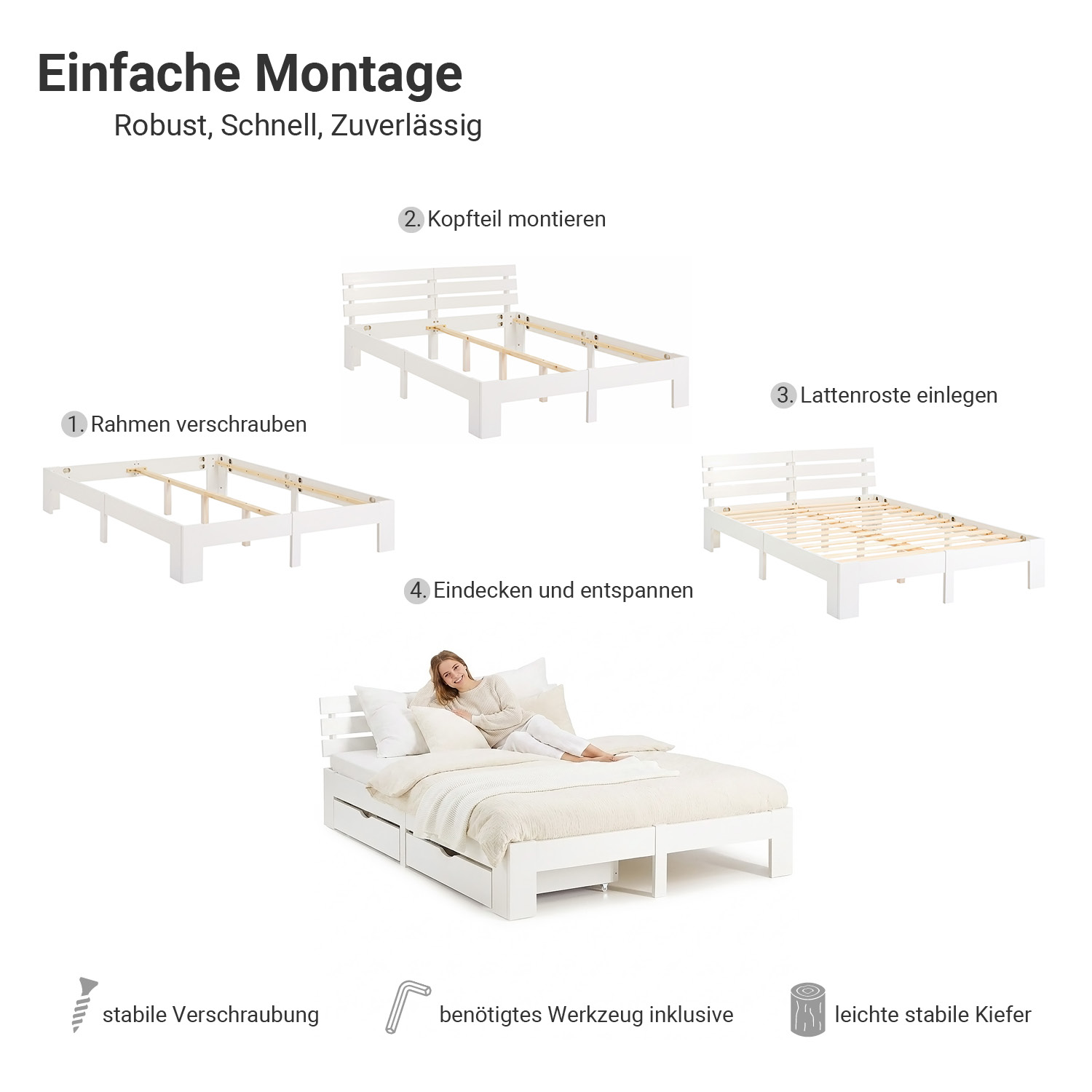 Wood Bed 140x200 cm White | Double Bed with Storage 2 Drawers | with Mattress | Solid | Kids Youth Guest Bedroom