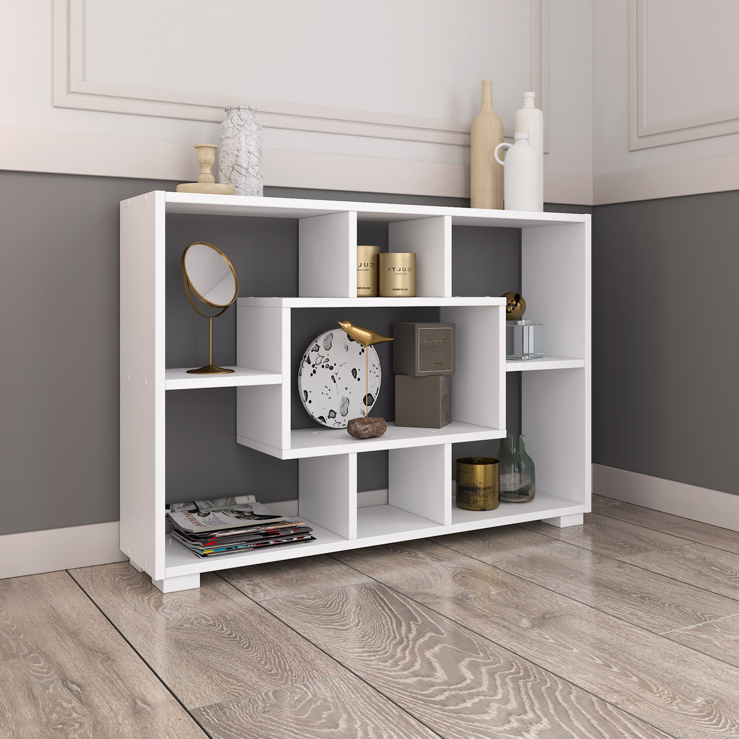 Shelf 4 Versions Floor or Wall Shelf 7 Compartments Bookcase Oak White Wood Solid Modern