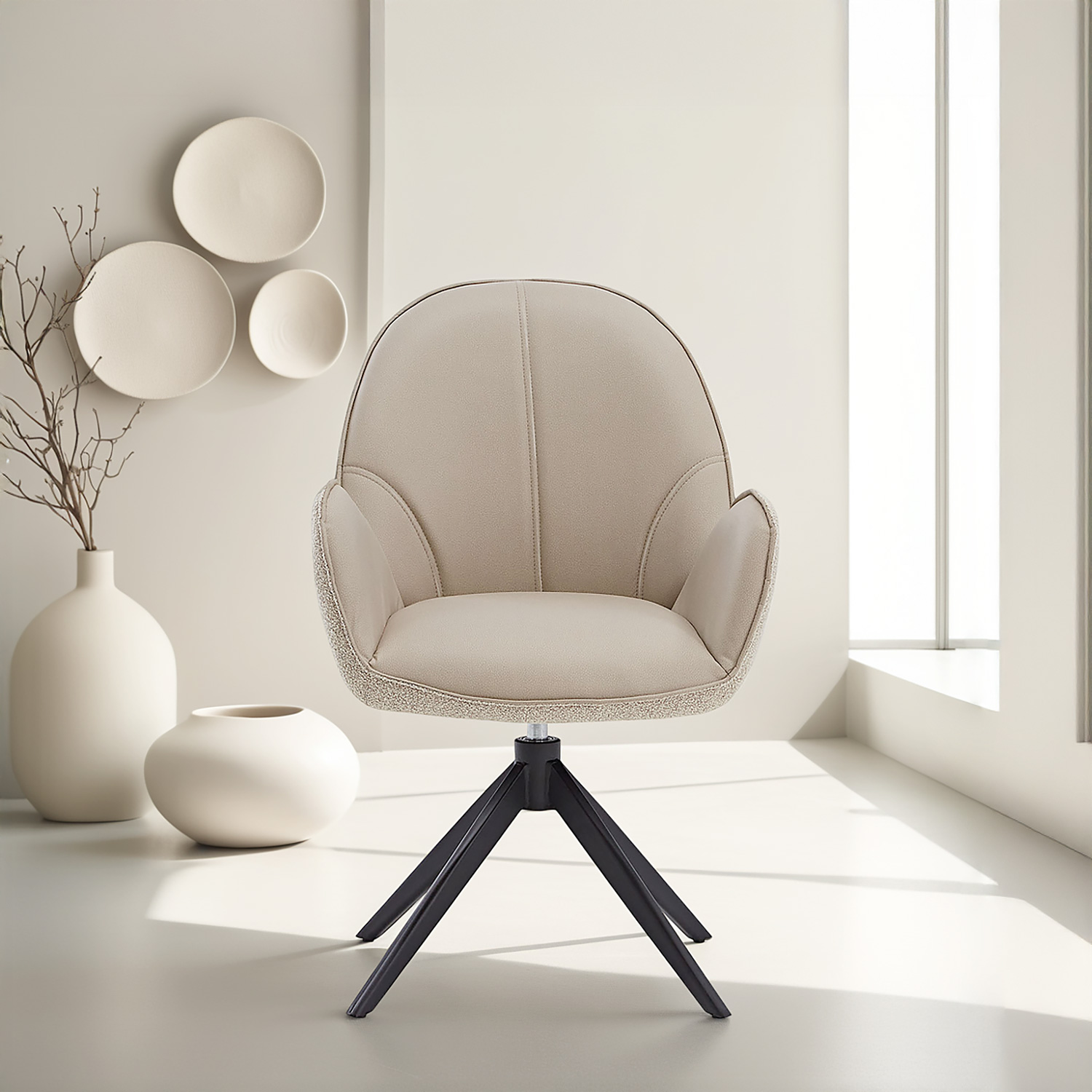 Upholstered Chair Bouclé Leather Beige | single | swivel | with Armrests | Kitchen Dining Room Office