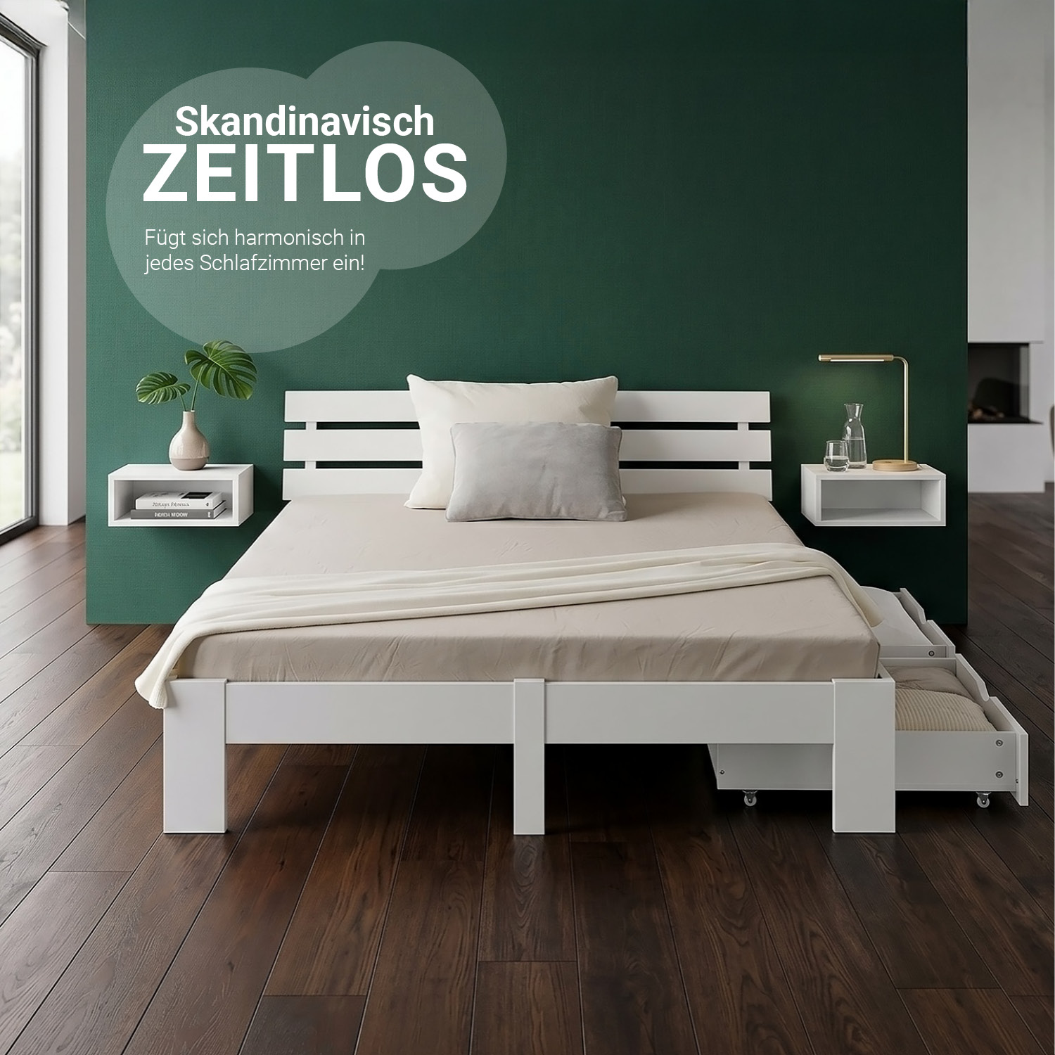 Wood Bed 160x200 cm White | Double Bed with Storage 2 Drawers | with Mattress | Solid | Youth Guest Bedroom