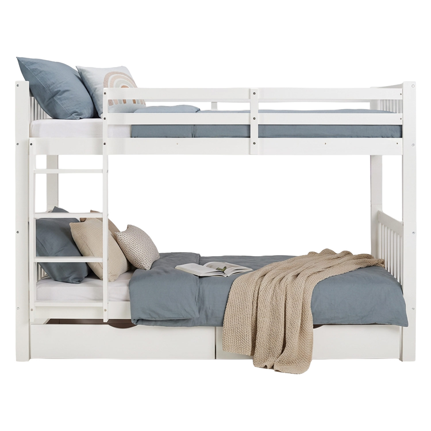 White Bunk Bed 90x200 cm | Children’s Bed with 2 Underbed Drawers | Safety Guard | Convertible | Solid Wood