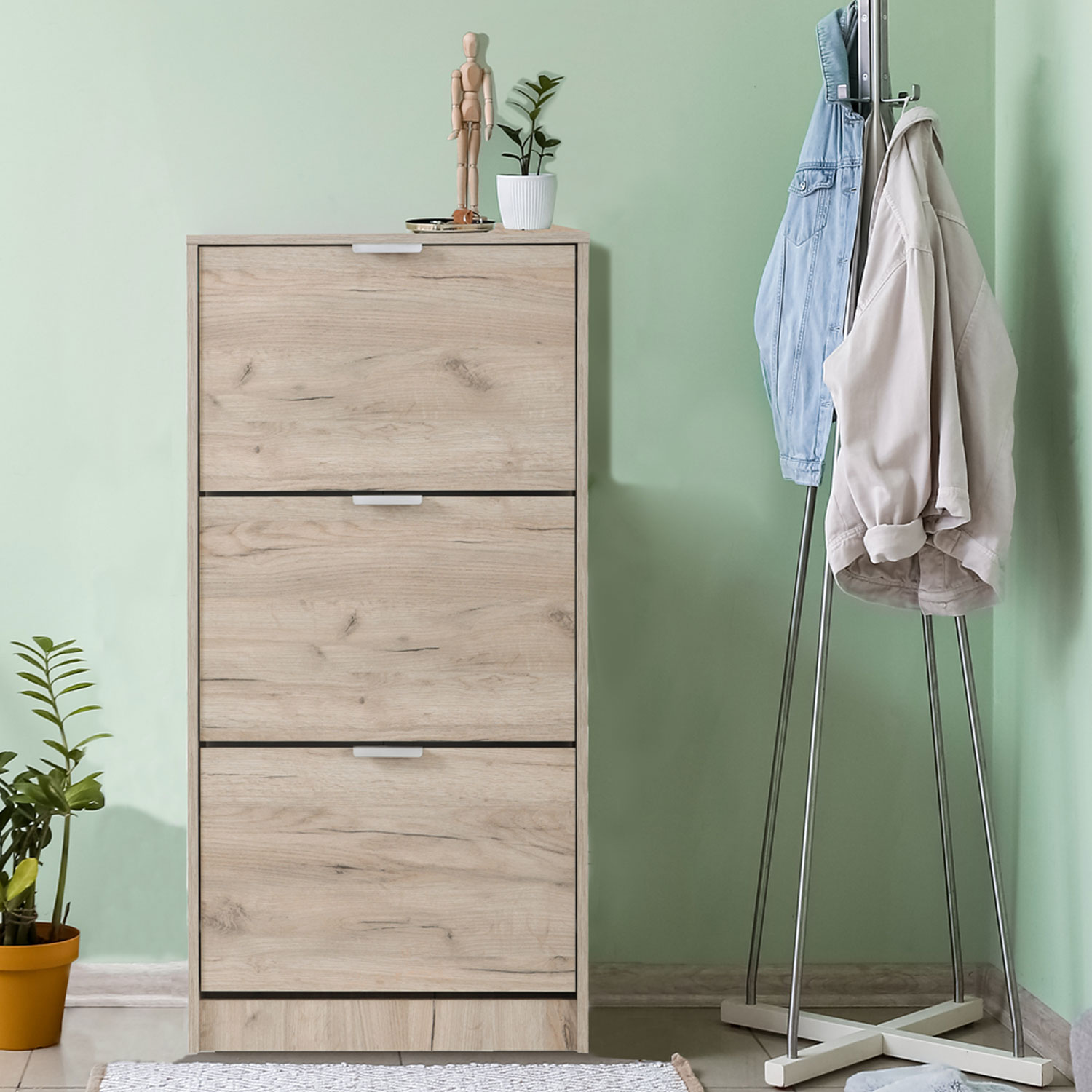 Shoe Rack Shoe Storage Shoe Cabinet Shoe Cupboard Wooden Grey Oak 3 Tier Shoe Tipper