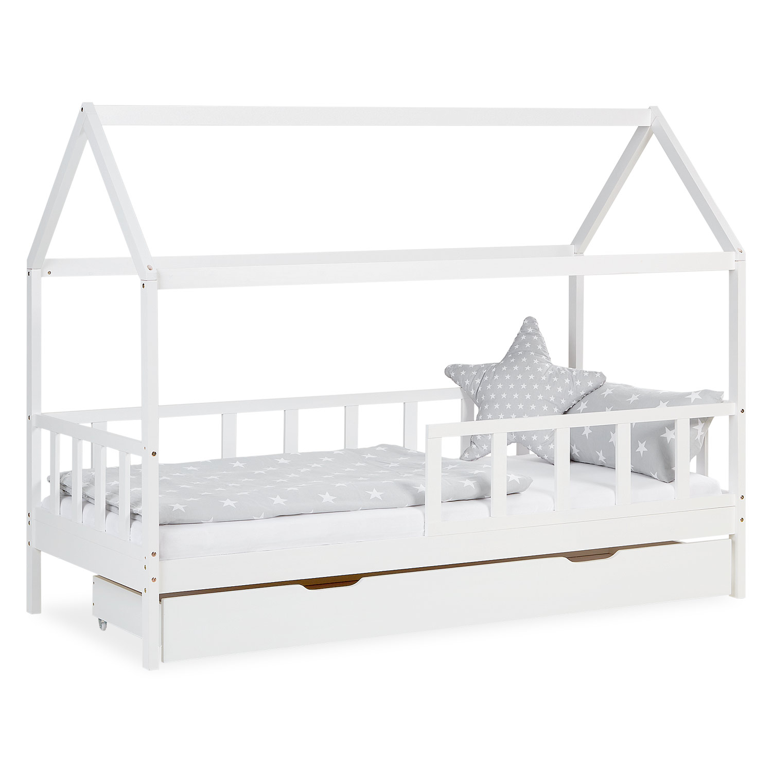 Children's Bed 90x200 cm House Bed with Drawer Barriers Childrens Single Bed Treehouse Bed Slatted Frame