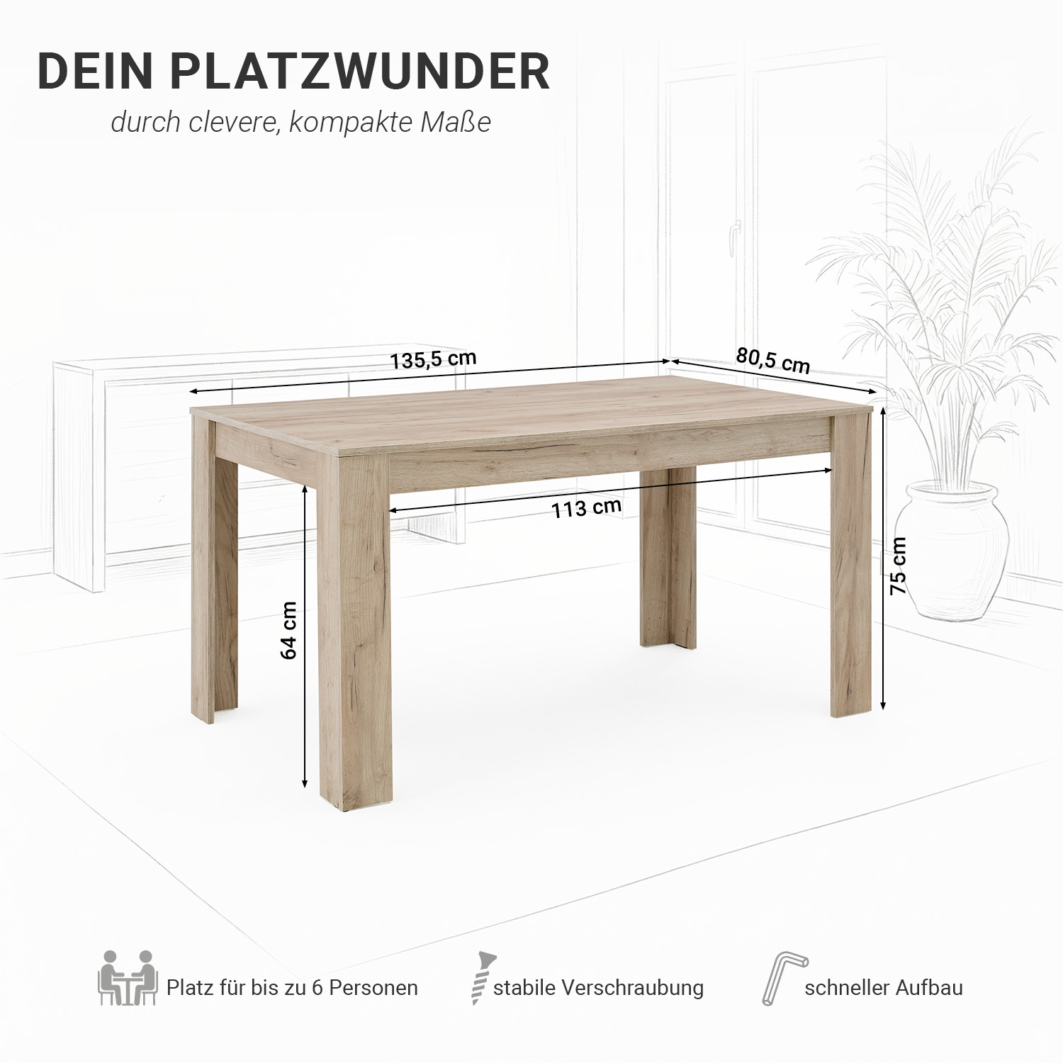 Modern Dining Table Kitchen Table Wooden Table 135x80 cm Grey Oak 6 Seater