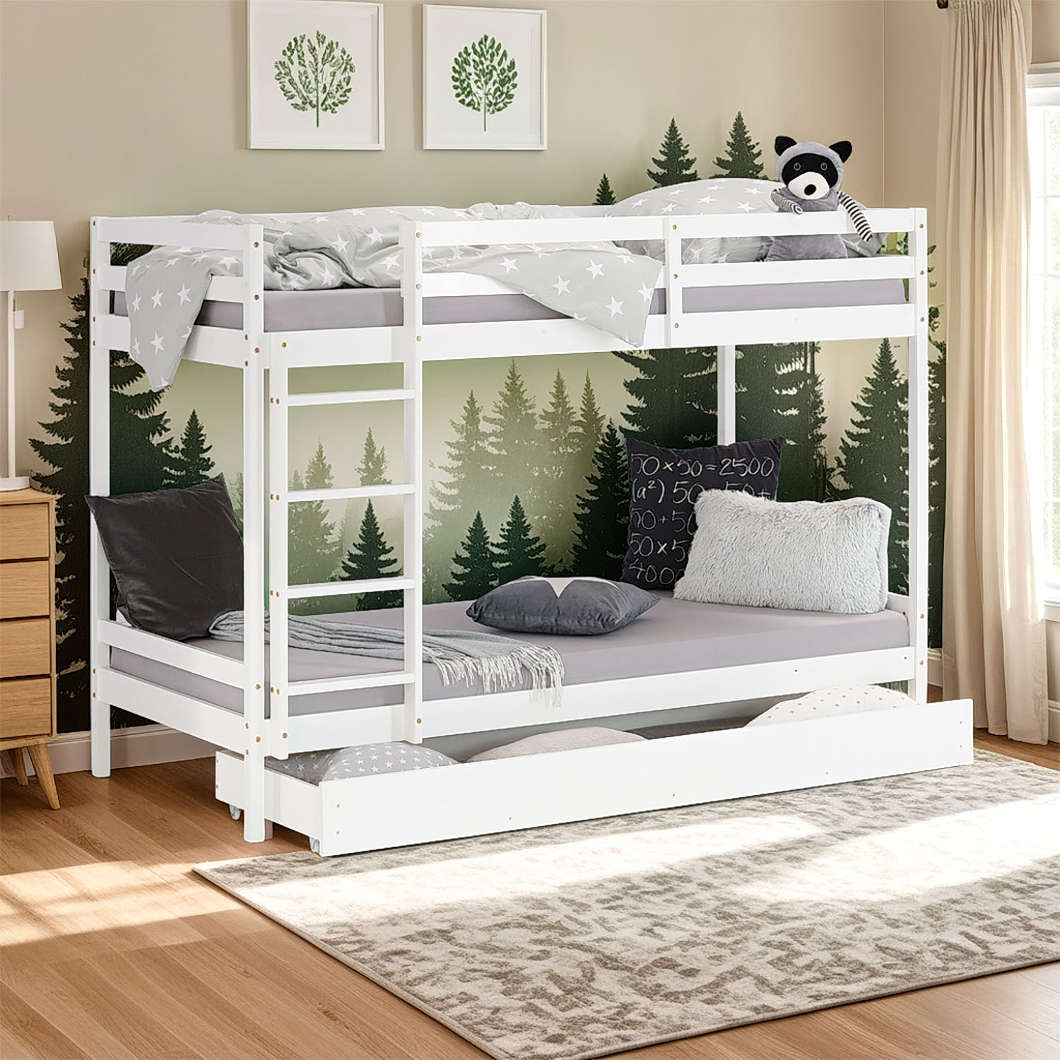 Bunk bed with or without drawer and 2 matresses Children bed 90x200 cm wooden Kids bed Set High sleeper White Slats