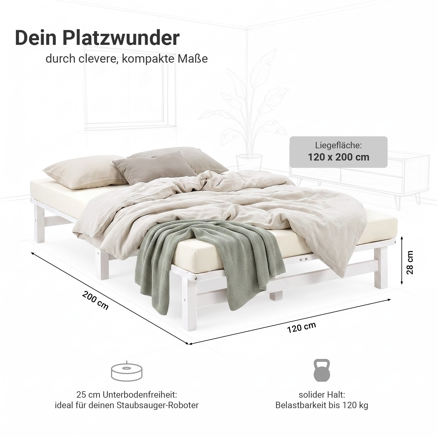 120x200 cm White Pallet Bed – Wooden Double Bed with Mattress & Slatted Base for Teen Rooms, Guest Rooms, and Bedrooms