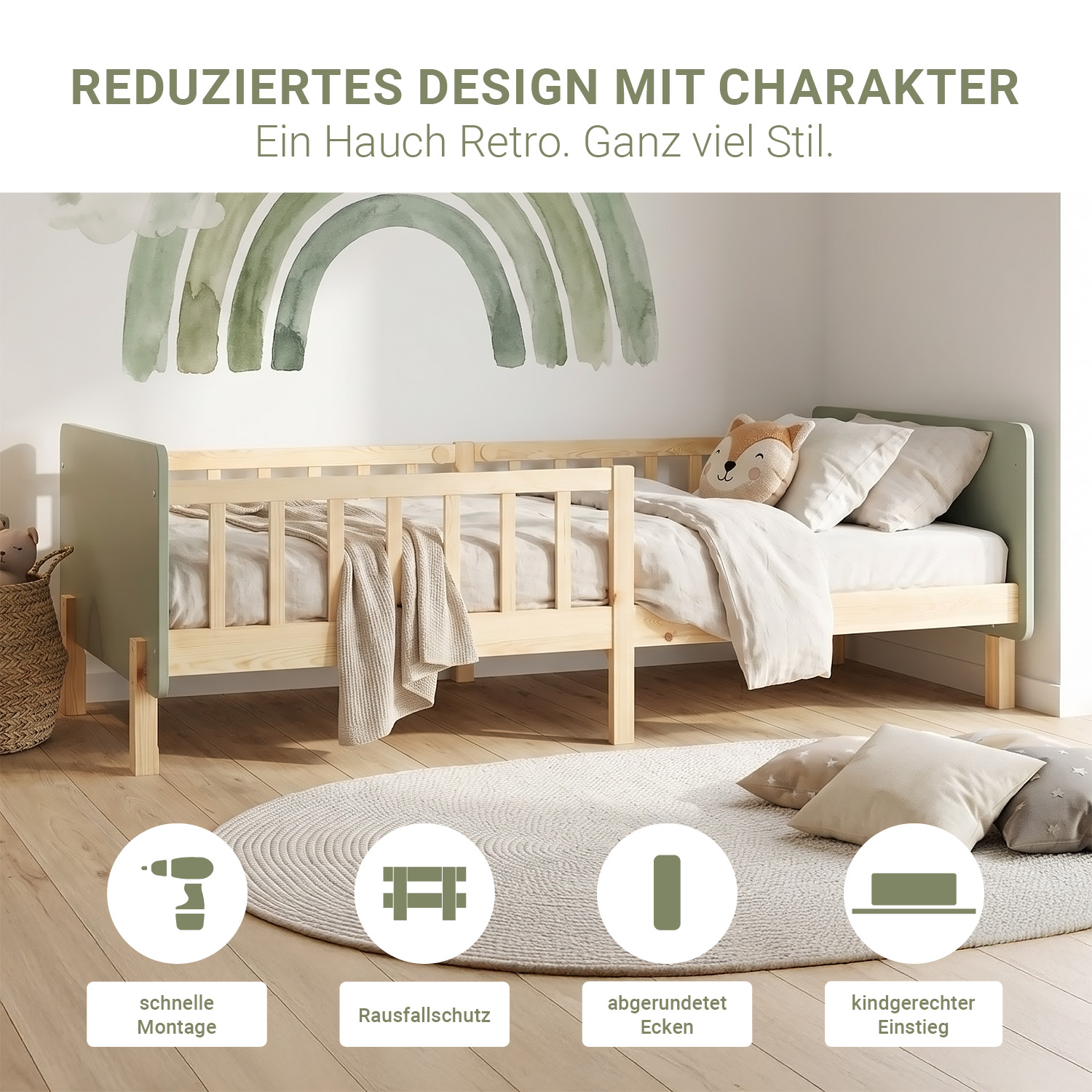 Single bed 90x200 cm Green with Mattress Wooden Bed frame Toddler bed with safety rail Kids bed Childrens bed Slatted frame