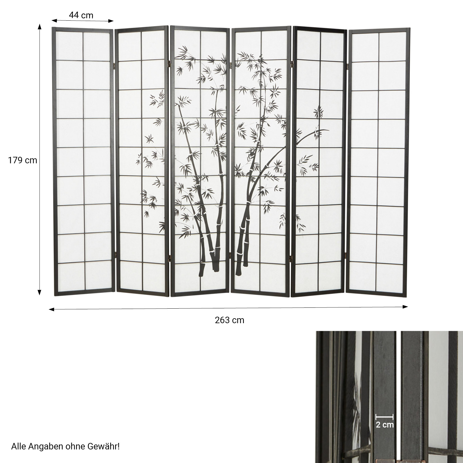 Paravent room divider 6 pieces, wood black, rice paper white, bamboo pattern, height 179 cm	