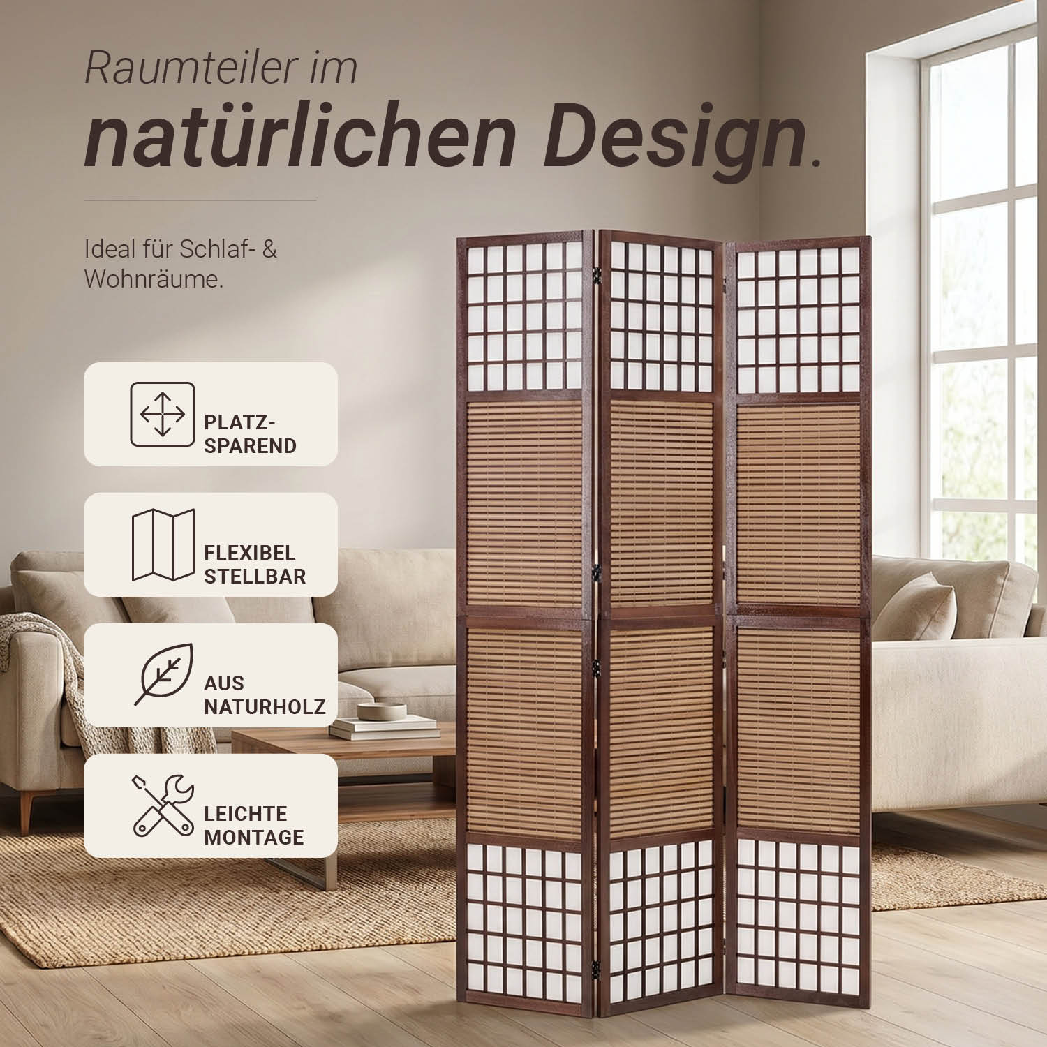 Brown 3-panel folding screen – bamboo & shoji rice paper, 200 cm