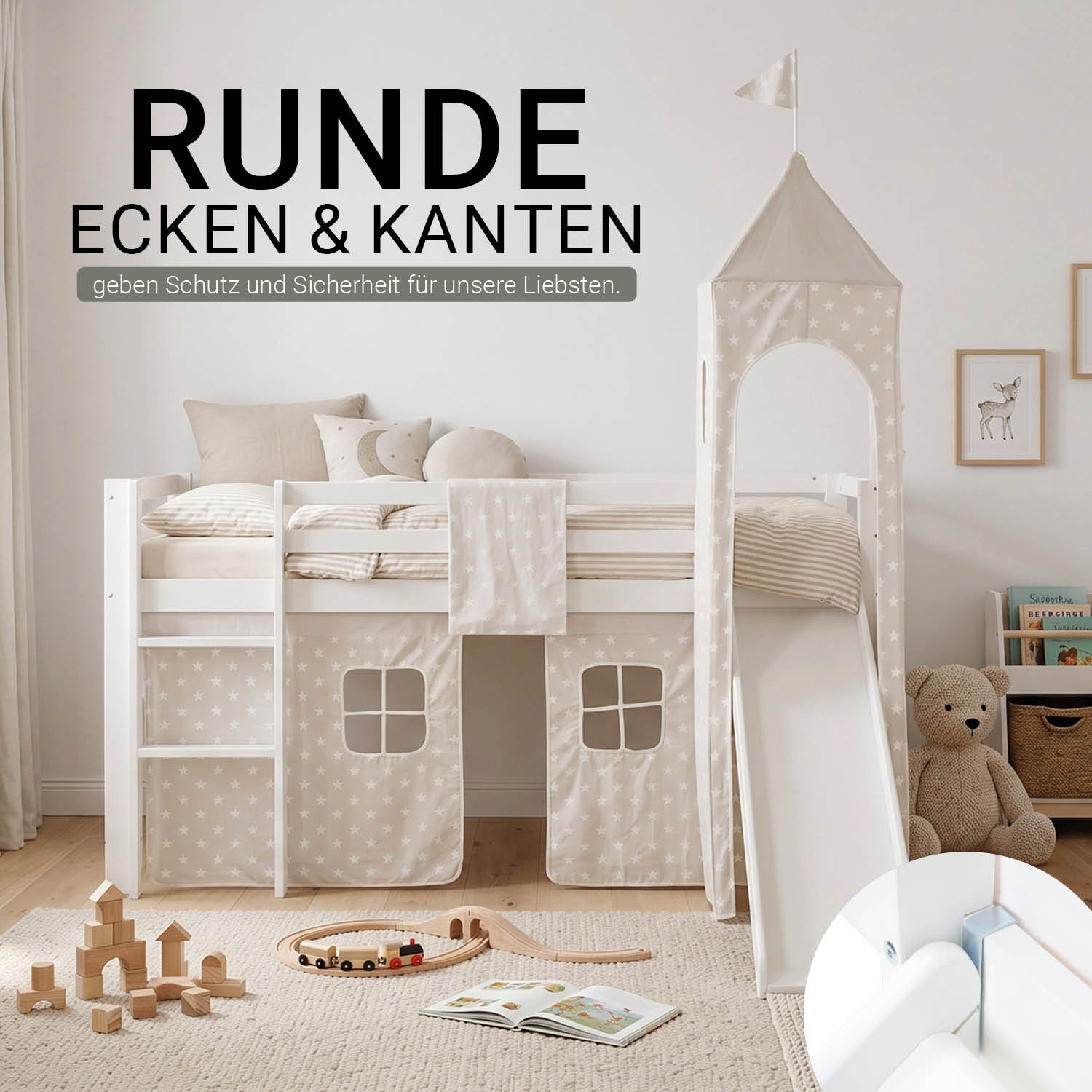 Children's Loft Bed 90x200 cm White with Star Curtain | Tower | Slide | Includes Slatted Base | Includes Mattress