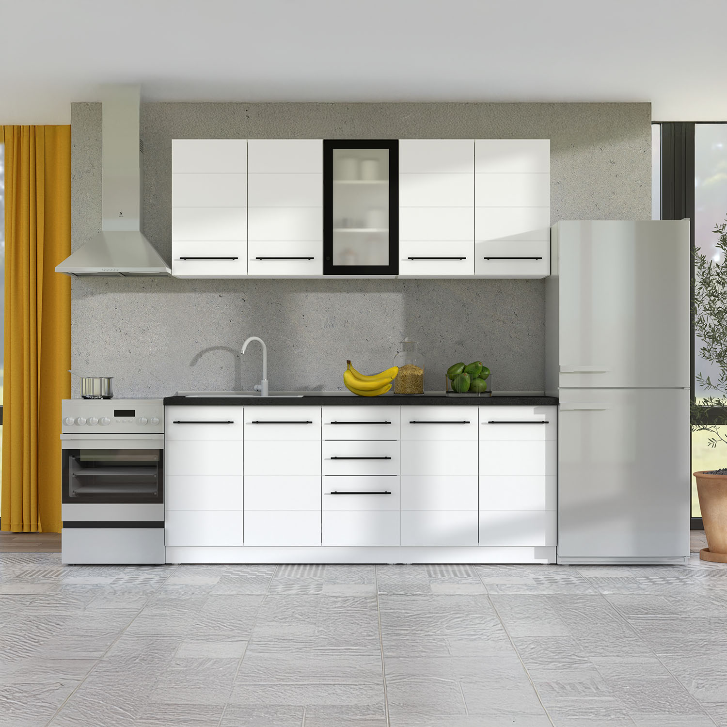 200 cm White Kitchen Unit – Modern Kitchen Unit Without Appliances, Featuring Storage Space