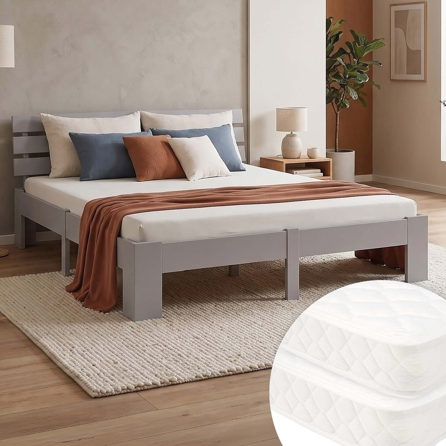 Wood Bed 180x200 cm Grey | Double Bed | with Spring Mattress | Solid | Youth Guest Bedroom
